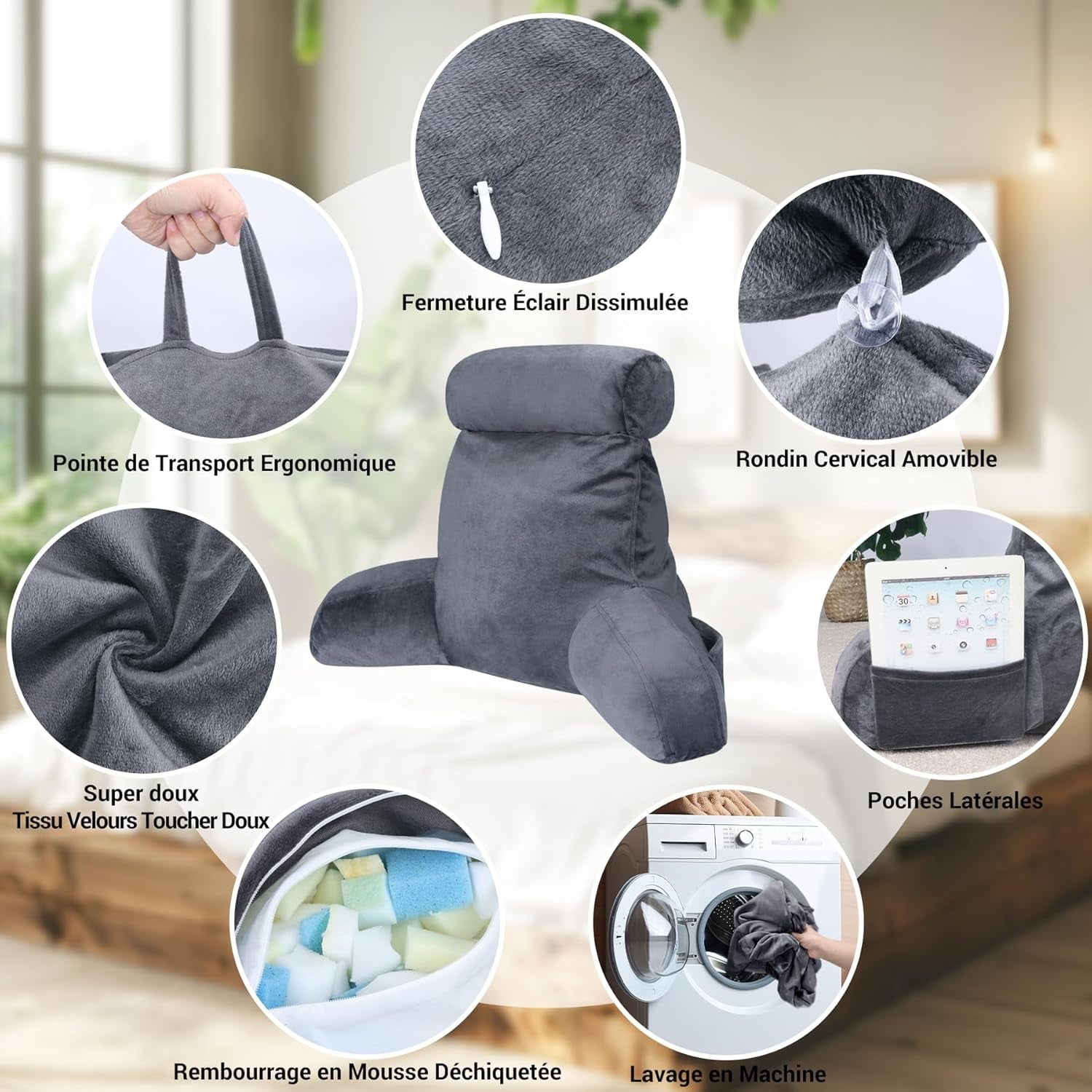 INFANZIA ergonomiczna poduszka do czytania z podłokietnikami, oparcie z pianki memory, szara, M