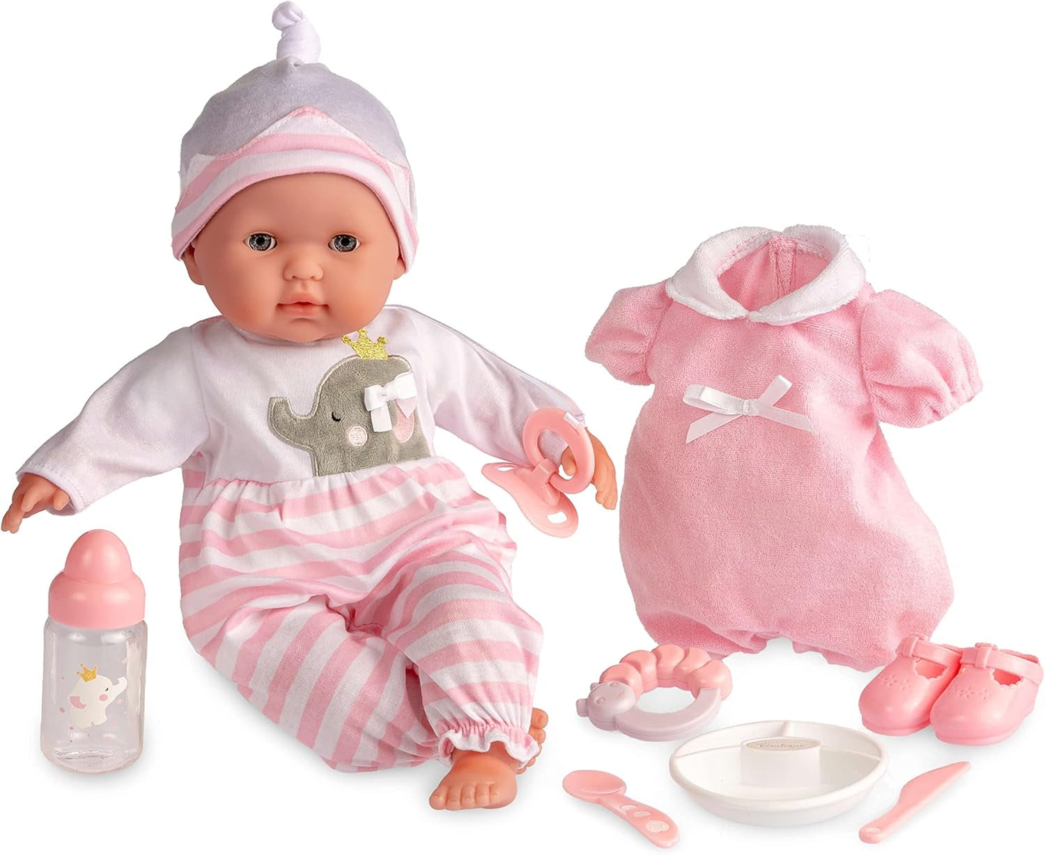 JC Toys - Berenguer Boutique 38 cm, miękka, realistyczna lalka z otwartymi/zamkniętymi ustami, 10-częściowy zestaw upominkowy, butelka dla dziecka, grzechotka, smoczek i akcesoria, różowy, wiek 2+
