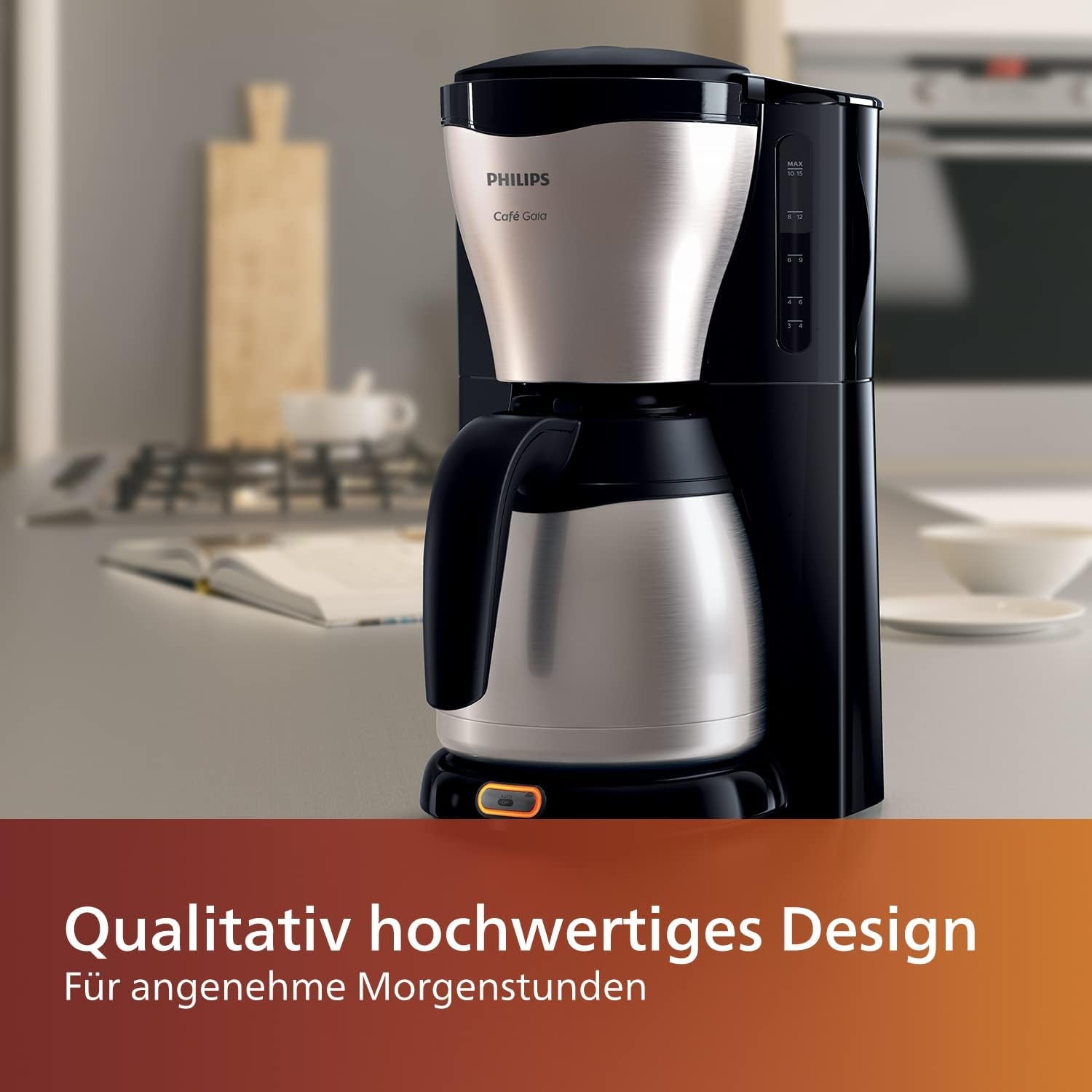 Ekspres do espresso PHILIPS Café Gaia z filtrem - karafka termosowa ze stali nierdzewnej, system zapobiegający kapaniu, intensywny aromat, automatyczne wyłączanie, 1300 ml, czarny (HD7546/20)