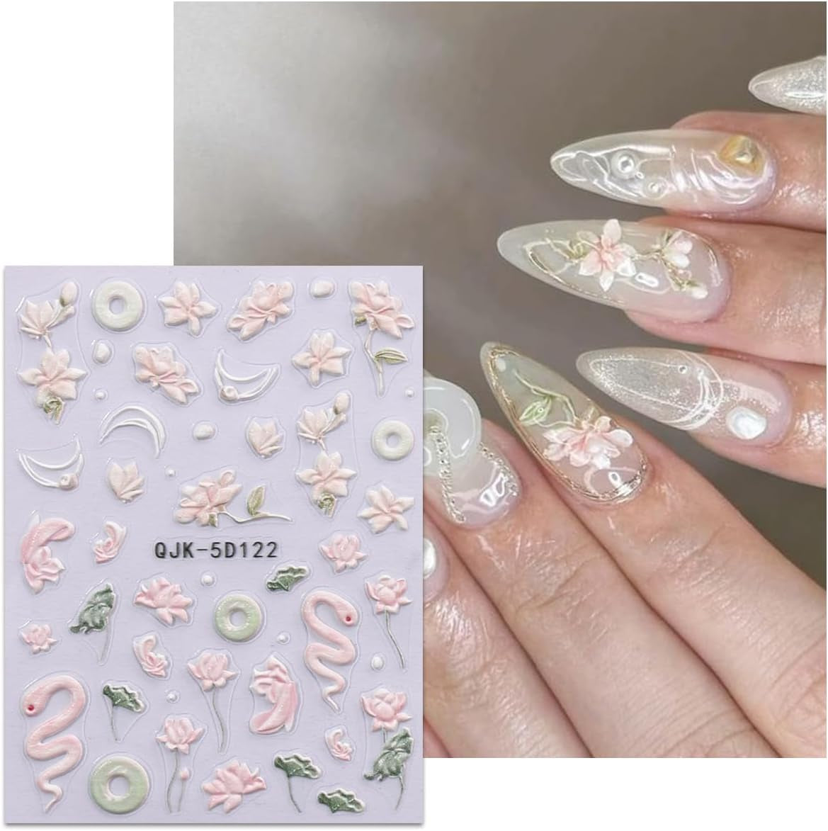 JMEOWIO 3D Nagelsticker Blumen Nail Art Naklejka Selbstklebend Nagelaufkleber 5D Stereoskopisch Frühling Sommer Dekoration Nageldesign Zubehör 4 Blatt