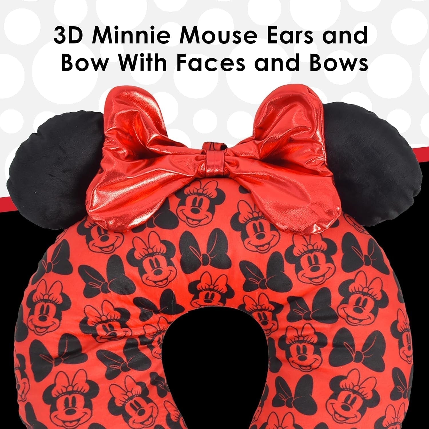 Poduszka podróżna na szyję Ful Concept One Disney Minnie Mouse z uszami 3D i sprężyną do samolotu, samochodu i biura, wygodna i oddychająca, czerwono-czarna Poduszki podróżne Naty Shop