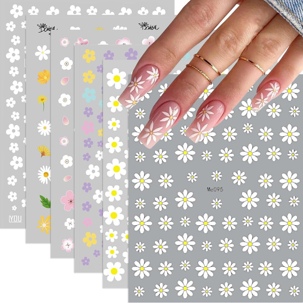 8 Stück Hibiskus Nagelsticker, 3D Selbstklebende Blumen Nagelaufkleber, Weiß Rosa Gelb Magenta Sommer Neonail naklejka, Nail Art Zubehör Nagel Deko für Frauen