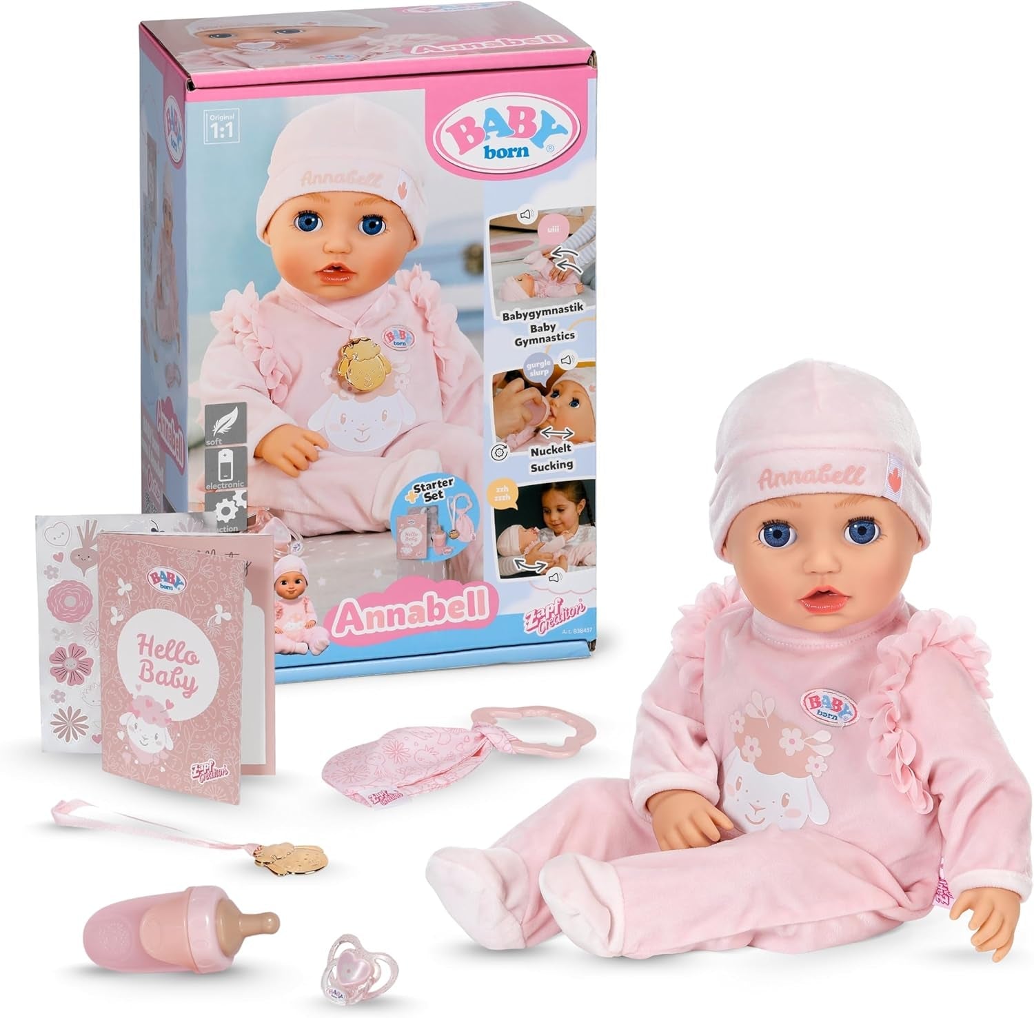 BABY Born Annabell 43 cm - Miękka lalka z 7 funkcjami elektronicznymi i dźwiękiem - Odpowiednia dla dzieci od 3 roku życia - Lalka zawiera akcesoria - Wymaga baterii