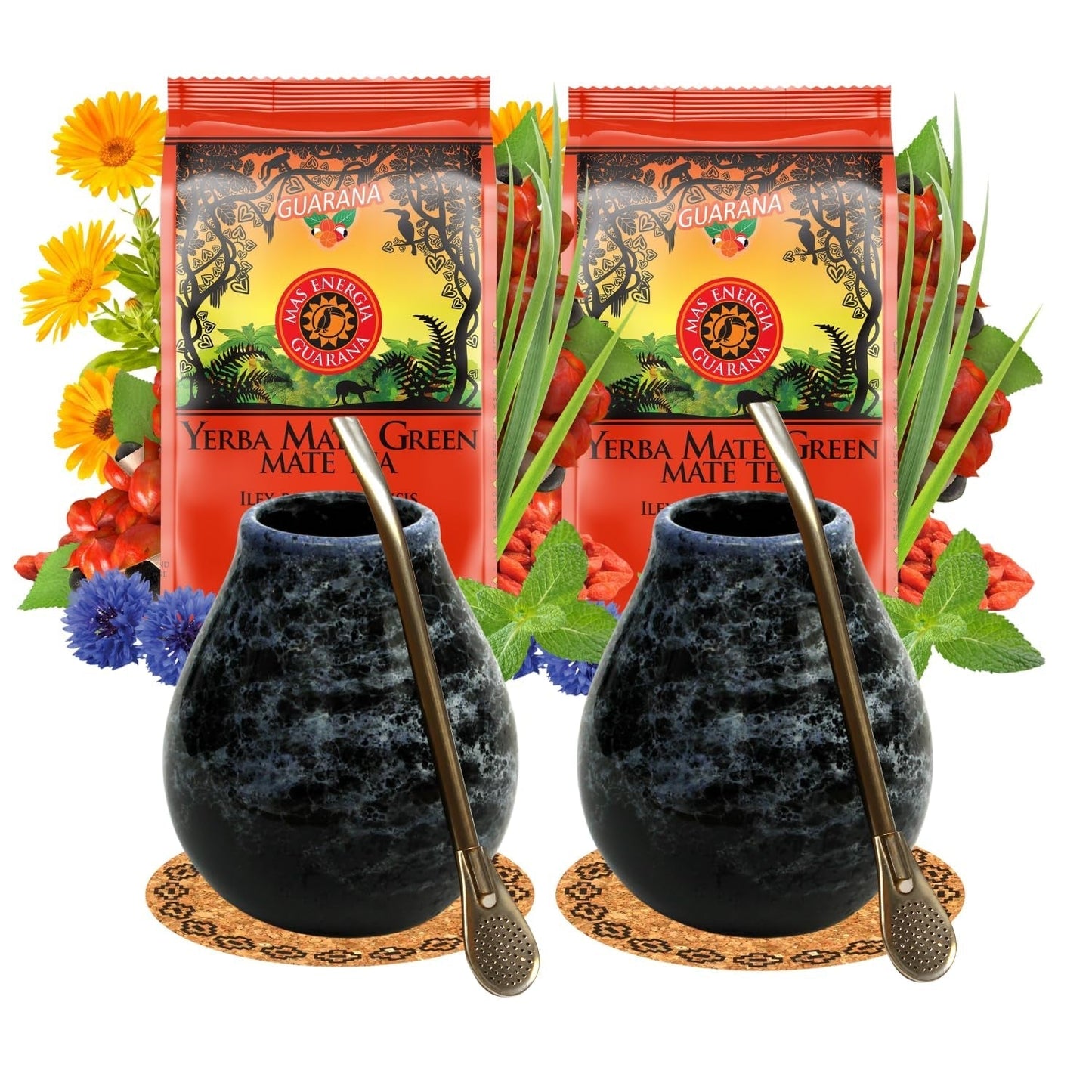 Zestaw do herbaty Yerba Mate dla 2 osób – Mas Energia Guarana 400 g – Kubek ceramiczny Marmol Blue 350 ml – Bombilla ze stali nierdzewnej 19 cm – Herbata sypka 2 x 200 g
