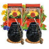 Zestaw do herbaty Yerba Mate dla 2 osób – Mas Energia Guarana 400 g – Kubek ceramiczny Marmol Blue 350 ml – Bombilla ze stali nierdzewnej 19 cm – Herbata sypka 2 x 200 g