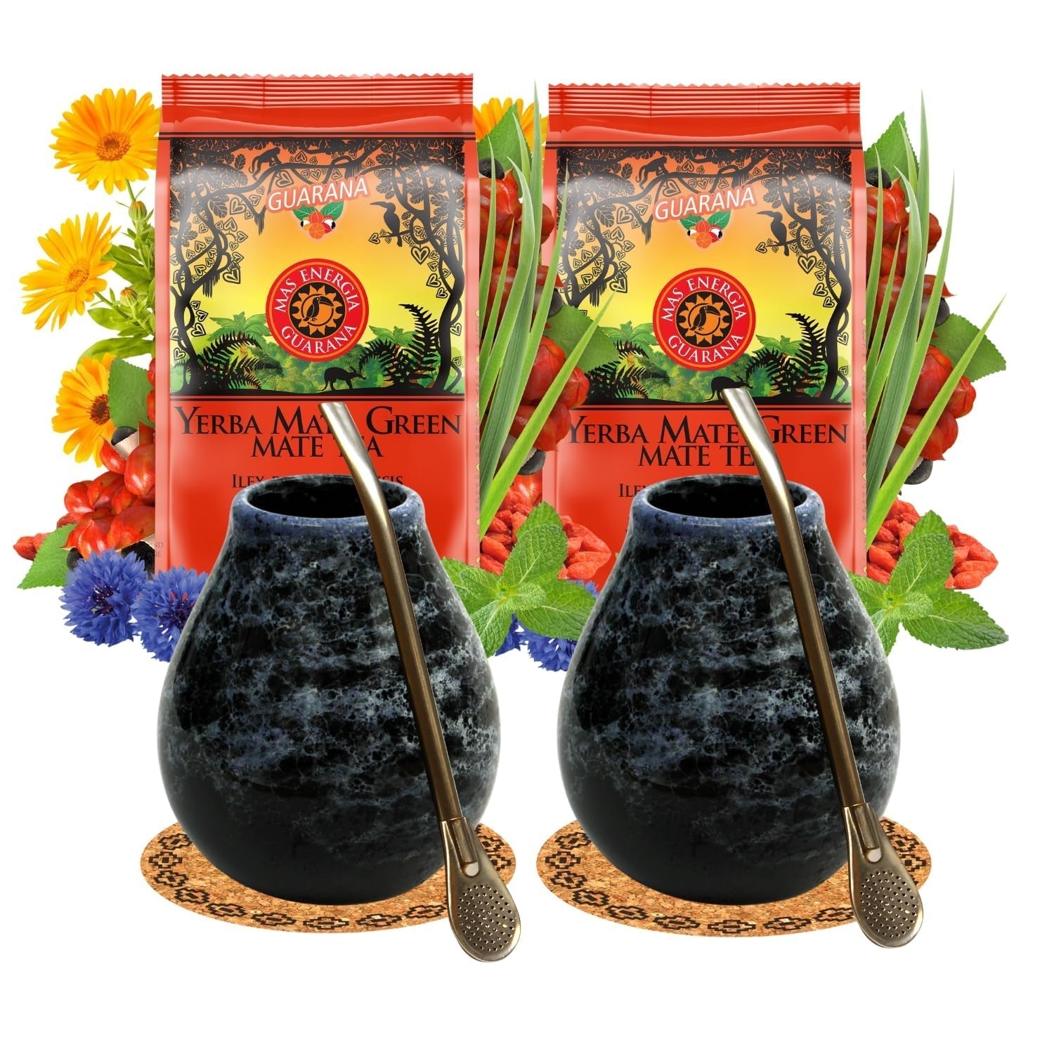 Zestaw do herbaty Yerba Mate dla 2 osób – Mas Energia Guarana 400 g – Kubek ceramiczny Marmol Blue 350 ml – Bombilla ze stali nierdzewnej 19 cm – Herbata sypka 2 x 200 g
