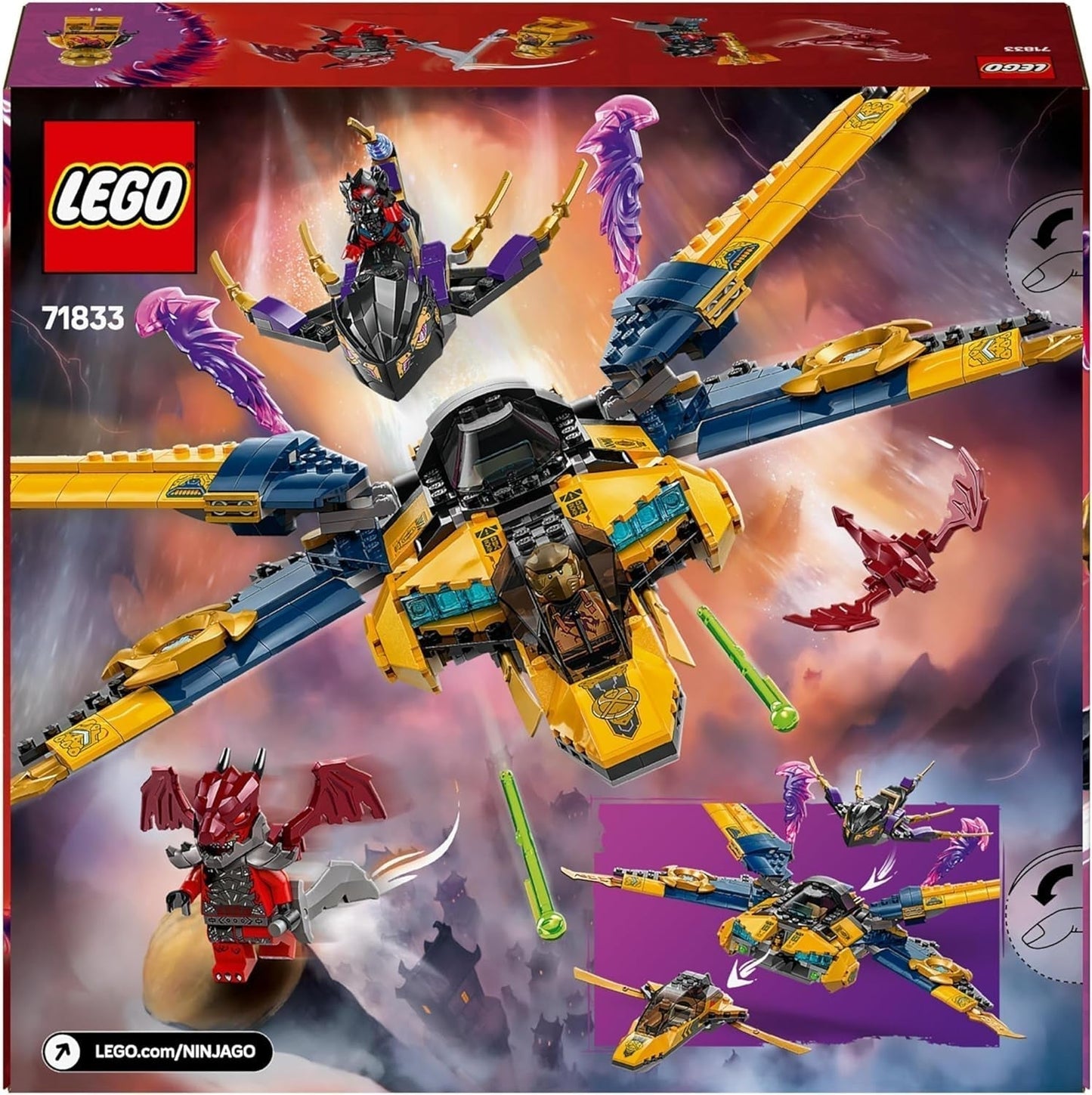Samolot Super Storm LEGO NINJAGO Rasa i Arina — zabawka z dronem, miotaczami, ostrzami i silnikami — w zestawie. Trzy minifigurki Ninja do odgrywania ról — zestaw do budowania dla chłopców i dziewcząt od 8 lat 71833 Zestawy do budowania Besuche den LEGO-Store