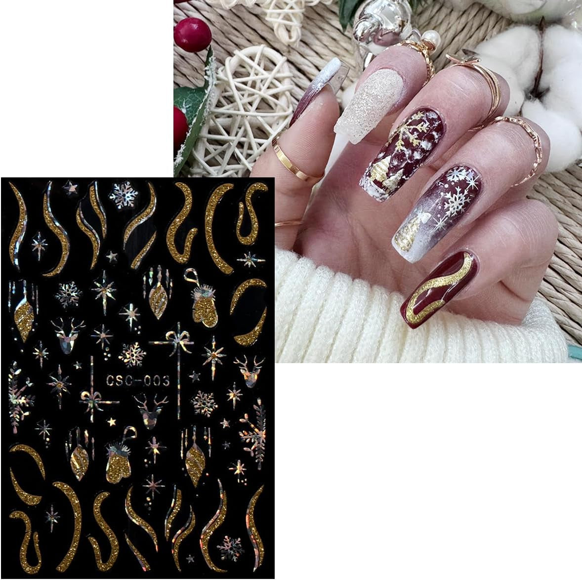 JMEOWIO Nagelsticker Weihnachten Gold Glitter Silber 8 Blatt Nail Art Naklejka Selbstklebend Nagelaufkleber Schneeflocke Winterurlaub Dekoration Nageldesign Zubehör