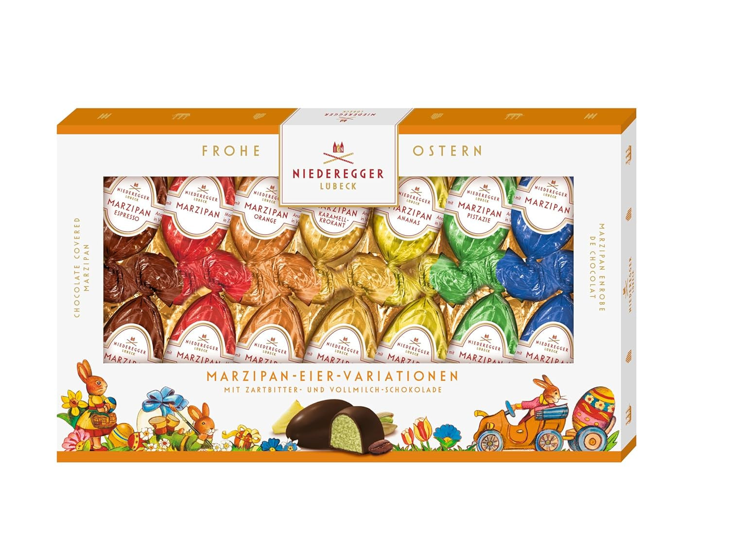 Niederegger | Jajka marcepanowe | 1x175g | Warianty: Klasyczny, Czekolada Mleczna, Pomarańcza, Chrupiący Karmel, Ananas, Espresso i Pistacja | Oblane gorzką i mleczną czekoladą | Prezent wielkanocny