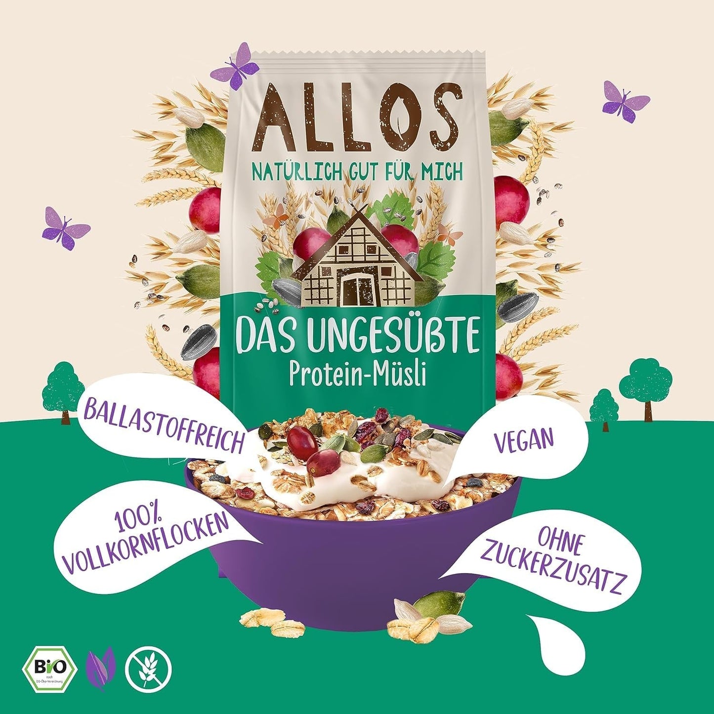 Allos niesłodzone musli białkowe | Organiczne musli | Płatki owsiane | Płatki śniadaniowe | Wegańskie (5 x 450g), 1 sztuka (opakowanie 5 szt.)