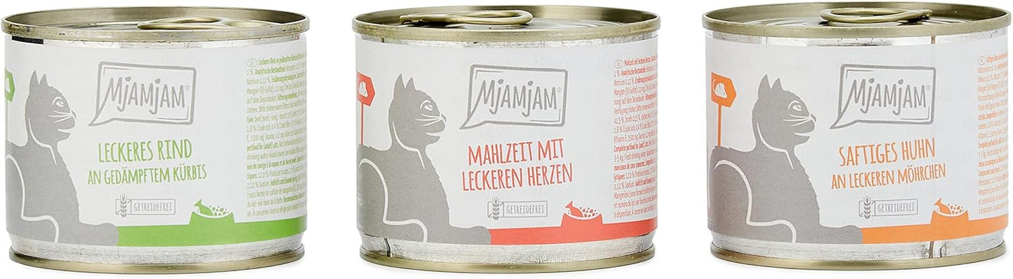 MjAMjAM - Mokra karma premium dla kotów - Pakiet mieszany I - Kurczak, Wołowina, Serca 6 Pakietów (6 x 200g), Bez Zbóż z Dodatkowym Mięsem