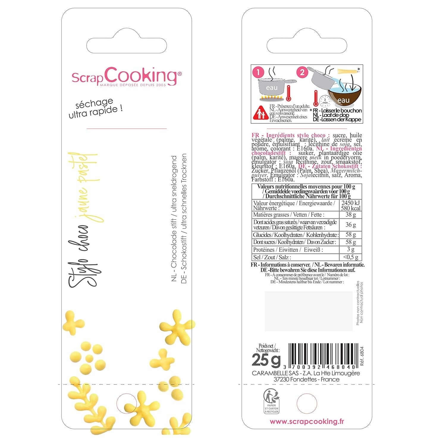 Scrapcooking - Pastelowy żółty długopis cukrowy - Żółty cukier do pisania 25g - Dekoracyjny długopis z cukrem jadalnym - Pisanie i rysowanie - Etykietowanie Fondant, Lukier, Ciasta - 6804