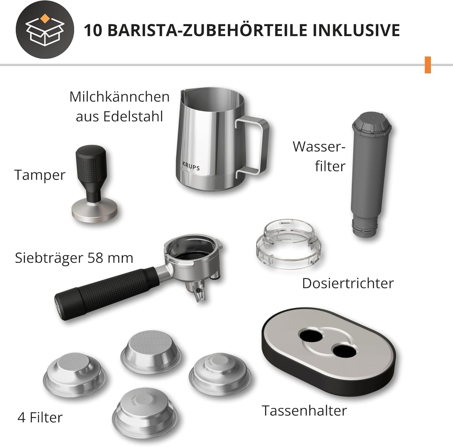 Ekspres ręczny Krups Precision z kolbą i młynkiem, ekspres barista z intuicyjnym panelem sterowania, ustawieniami wstępnego zaparzania, ekspres z dyszą parową, szybkie nagrzewanie, XP801T10