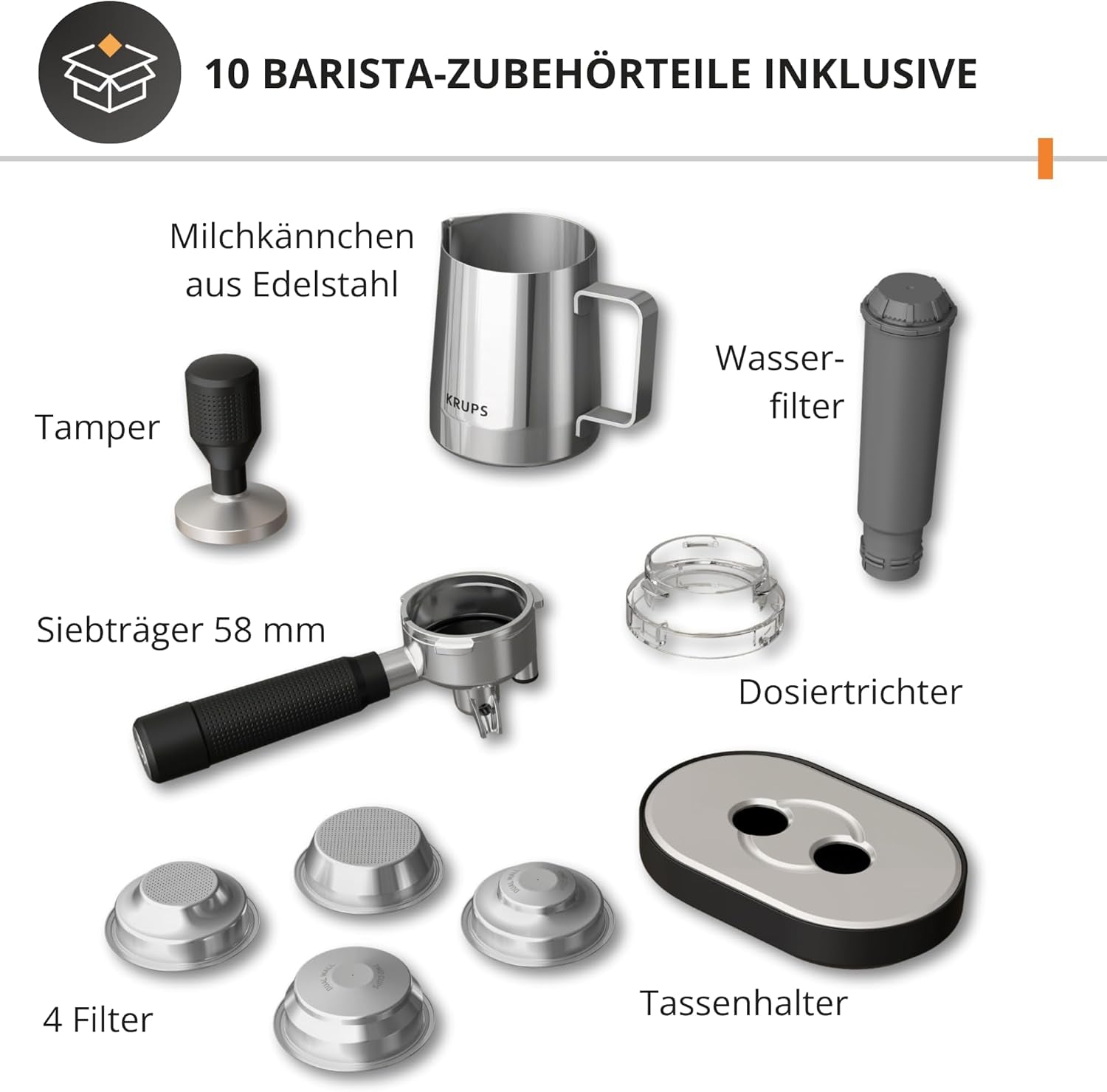 Ekspres ręczny Krups Precision z kolbą i młynkiem, ekspres barista z intuicyjnym panelem sterowania, ustawieniami wstępnego zaparzania, ekspres z dyszą parową, szybkie nagrzewanie, XP801T10