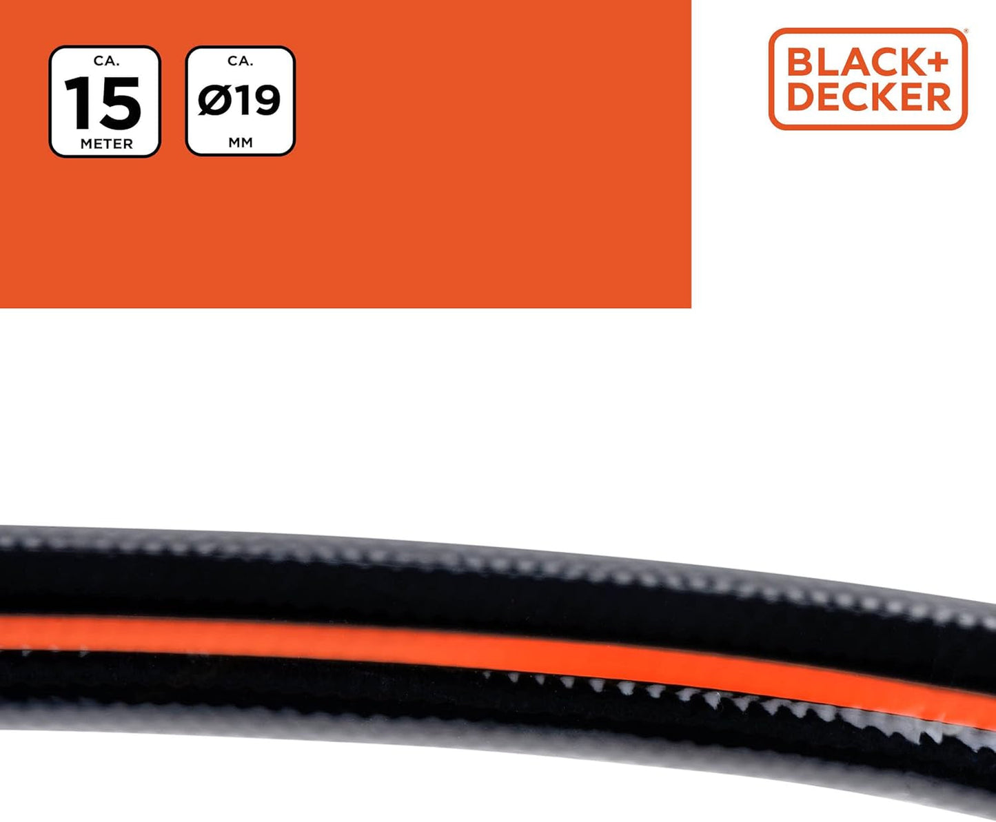 Wąż ogrodowy BLACK+DECKER 15 metrów - Ø19MM - Trwałe PCV - Podlewanie ogrodu, mycie samochodu, napełnianie basenu - Kompatybilny z każdym standardowym kranem - Czarny/Pomarańczowy