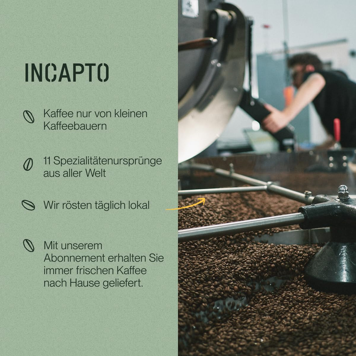Incapto Ganze Entkofeinierte Kaffeebohnen | Ohne Chemikalien | Mischung aus 100% Arabica-Kaffee aus Brasilien | Ungemahlen Espresso Bohnen | Kawa bezkofeinowa Swiss Water, opakowanie 500g