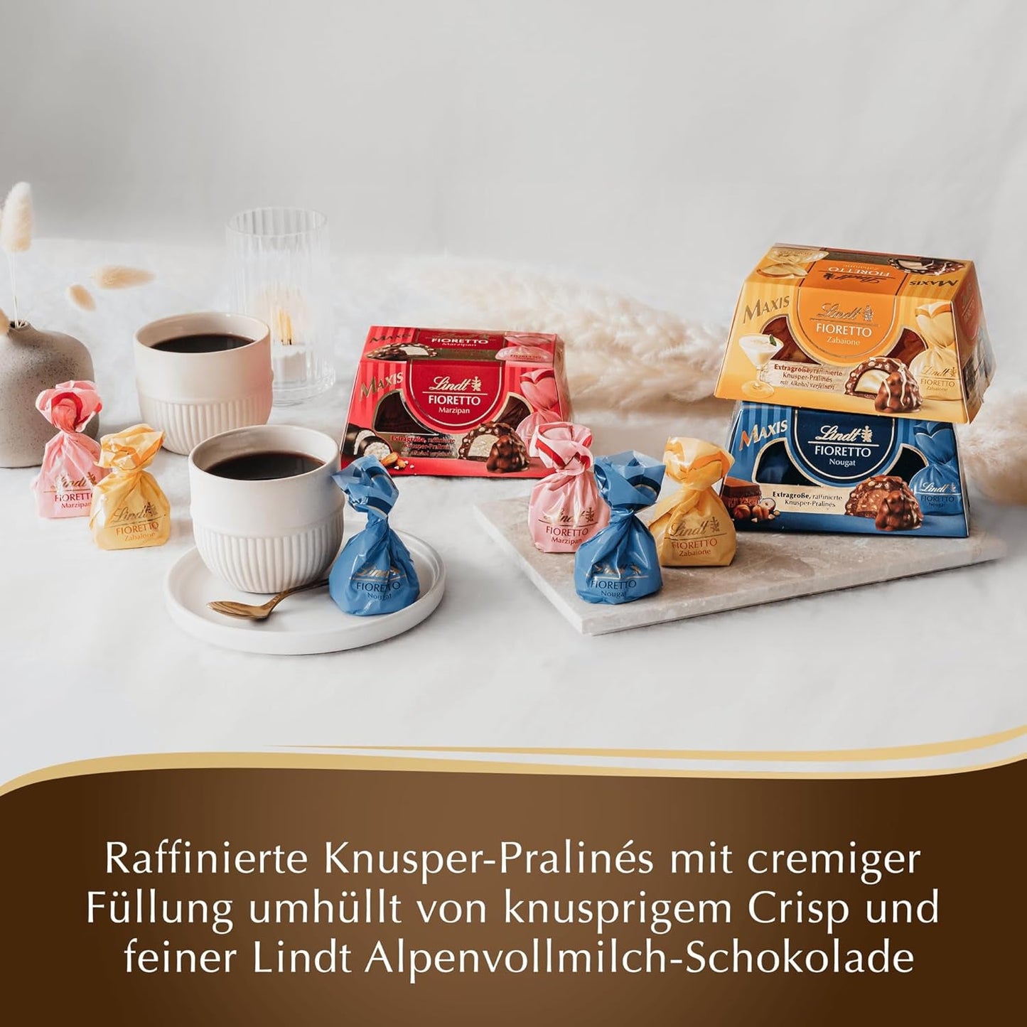 Czekolada Lindta | Zestaw upominkowy FIORETTO Zabaione | 138g | 6 pralinek z mlecznej czekolady z nadzieniem truflowym Zabaione i chrupiącą polewą, zawierające alkohol | Czekoladowy prezent