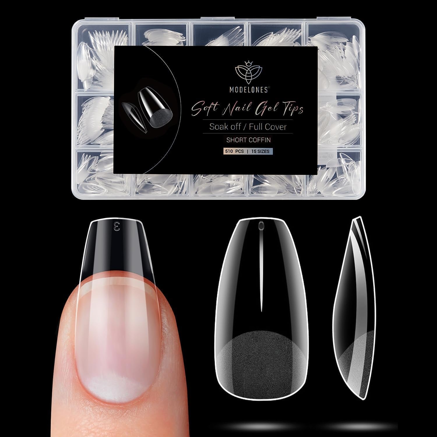Modelones Tipsy 510 sztuk - Zestaw Tipsów Full Cover, Zestaw Tips Żelowych, Tipsy z żywicy PMMA do polerowania, Sztuczne paznokcie do klejenia na Nail Art DIY, Short Squoval