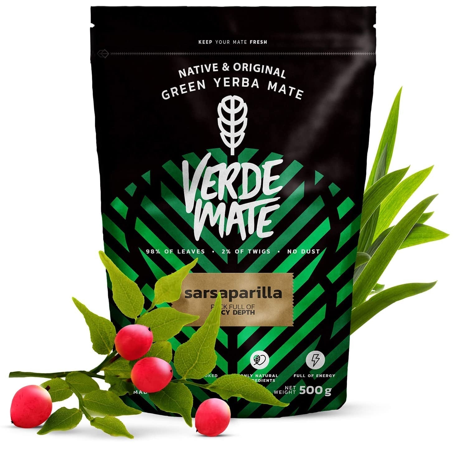 Zestaw do herbaty ziołowej Yerba Mate | Yerba Mate z ziołami | Green Mate Green Energy Guarana, Guayusa Jazmin, Sarsaparilla | Brazylijska zielona Yerba Mate | 3X500G
