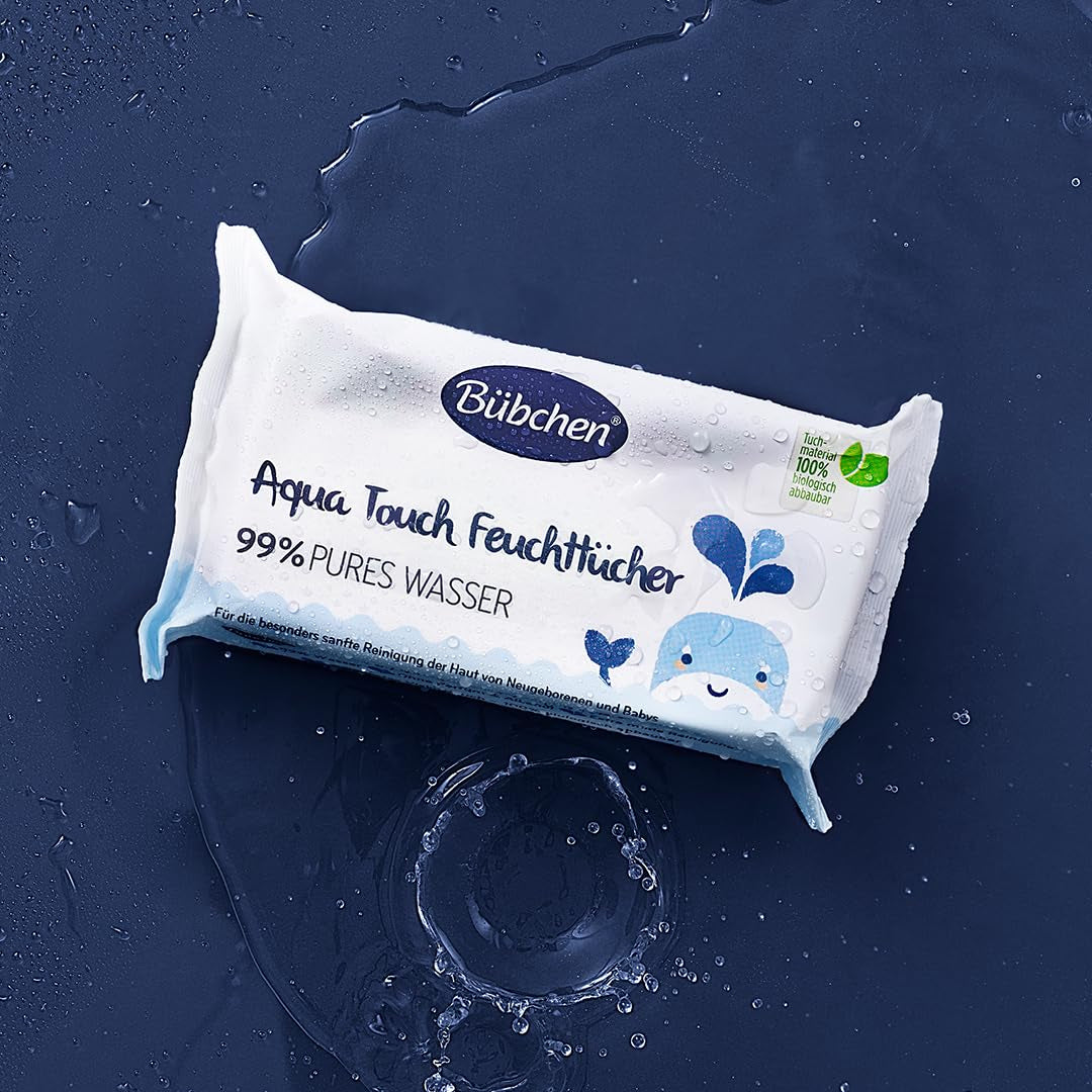 Chusteczki nawilżane dla niemowląt Bübchen Aqua Touch 144 sztuki (3 x 48) - Chusteczki do pielęgnacji skóry wrażliwej zawierające 99% czystej wody, Chusteczki nawilżane dla noworodków i dzieci