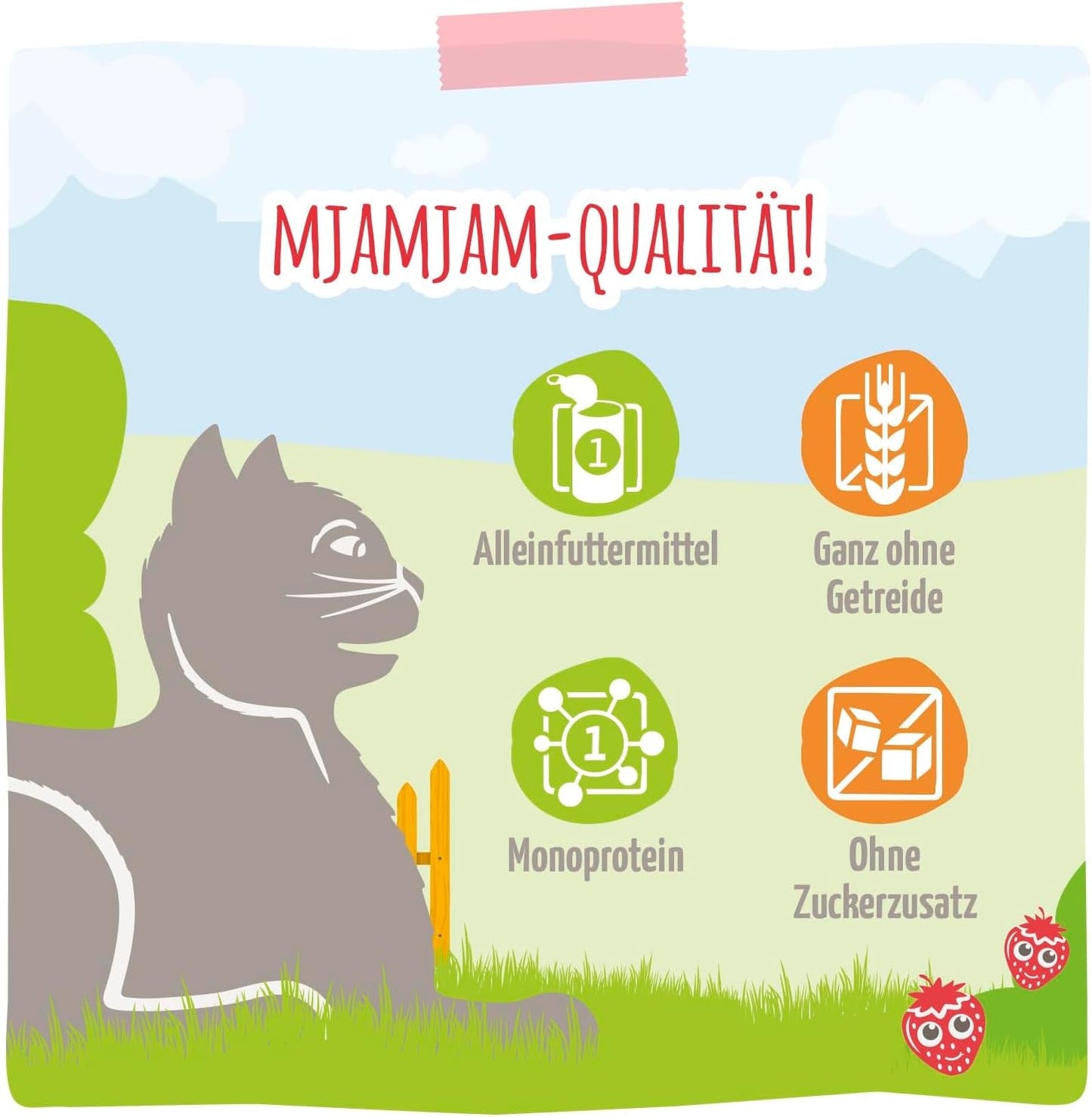 MjAMjAM - Mokra karma dla kotów Premium - delikatny kurczak z owocowymi truskawkami 400g, opakowanie 6 szt. (6 x 400g), naturalna z dodatkiem mięsa