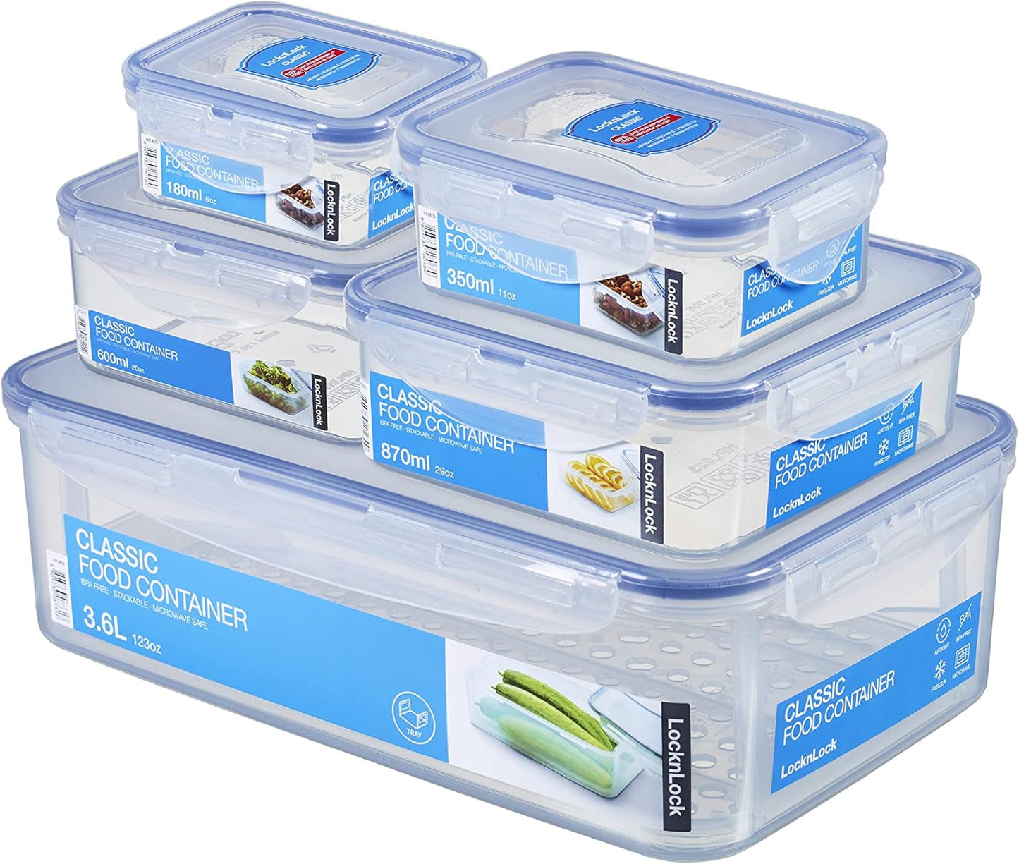 LocknLock PP Klasyczny zestaw słoików do przechowywania żywności 5szt | 180 ml, 350 ml, 600 ml, 870 ml, 3,6 l | 100% powietrze i wodoszczelność | bez BPA | organizer do zamrażarki i lodówki | można myć w zmywarce i kuchence mikrofalowej Pudełka do przechowywania żywności Naty Shop Square 5szt.