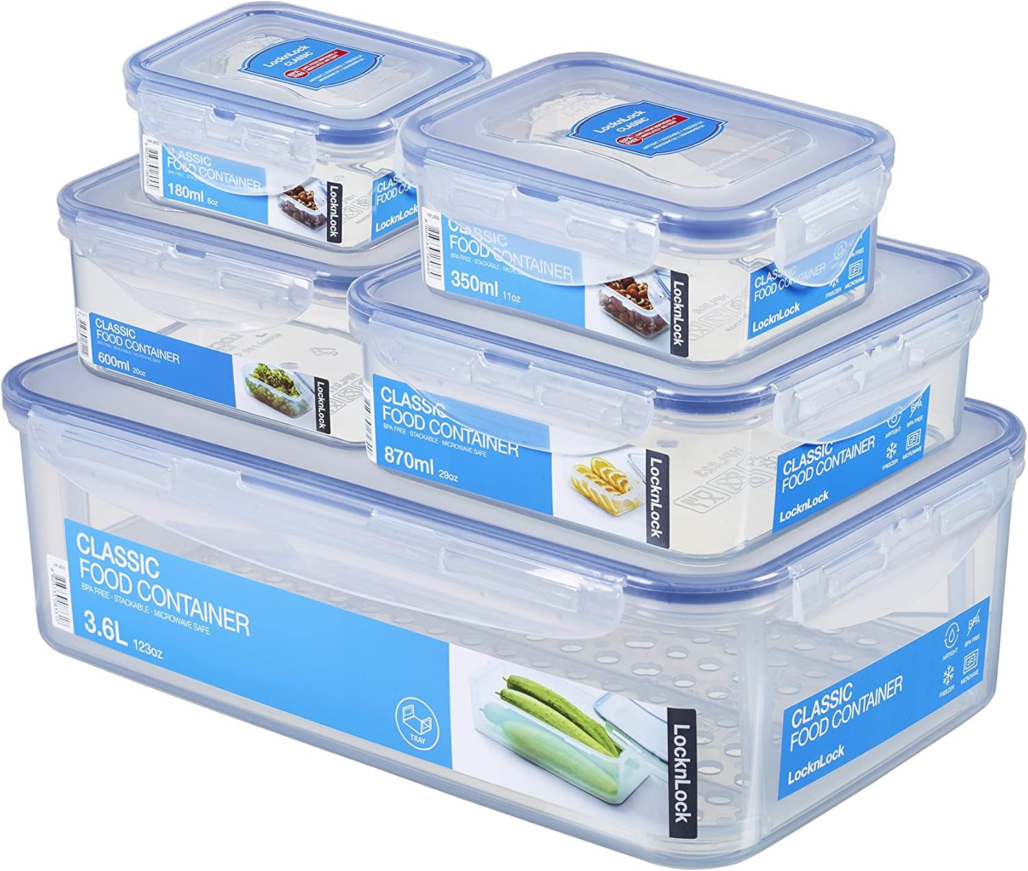 LocknLock PP Klasyczny zestaw słoików do przechowywania żywności 5szt | 180 ml, 350 ml, 600 ml, 870 ml, 3,6 l | 100% powietrze i wodoszczelność | bez BPA | organizer do zamrażarki i lodówki | można myć w zmywarce i kuchence mikrofalowej Pudełka do przechowywania żywności Naty Shop Square 5szt.