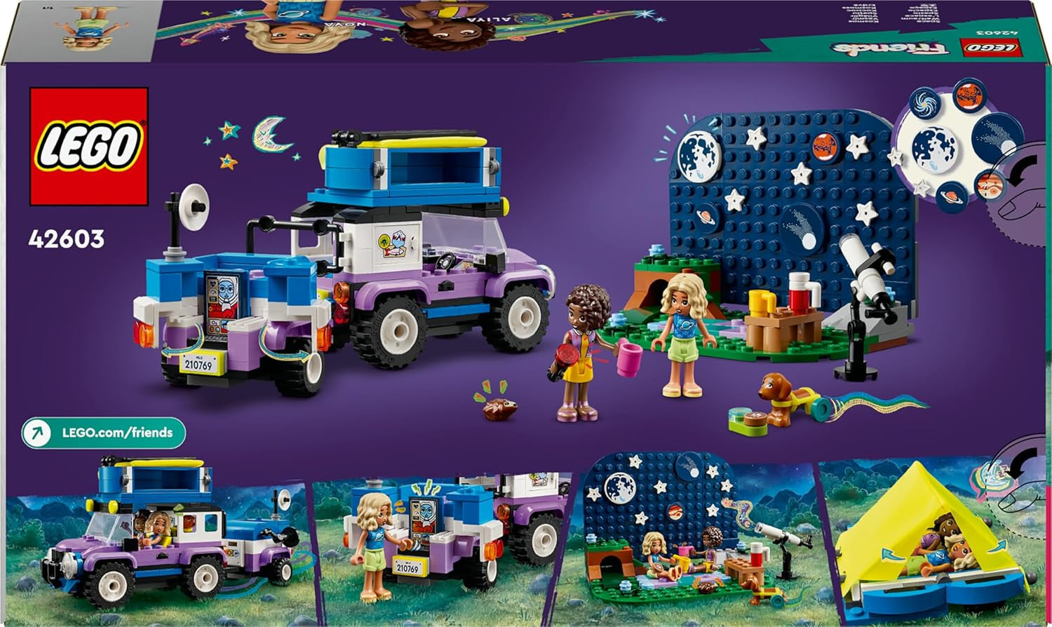 Zestaw pojazdów kempingowych LEGO Friends Stargazer z pojazdem terenowym i zabawkowym teleskopem, prezent dla dziewcząt i chłopców od 7 lat, zawiera figurki Nova, Aliya i psa 42603 Zestawy do budowania Besuche den LEGO-Store