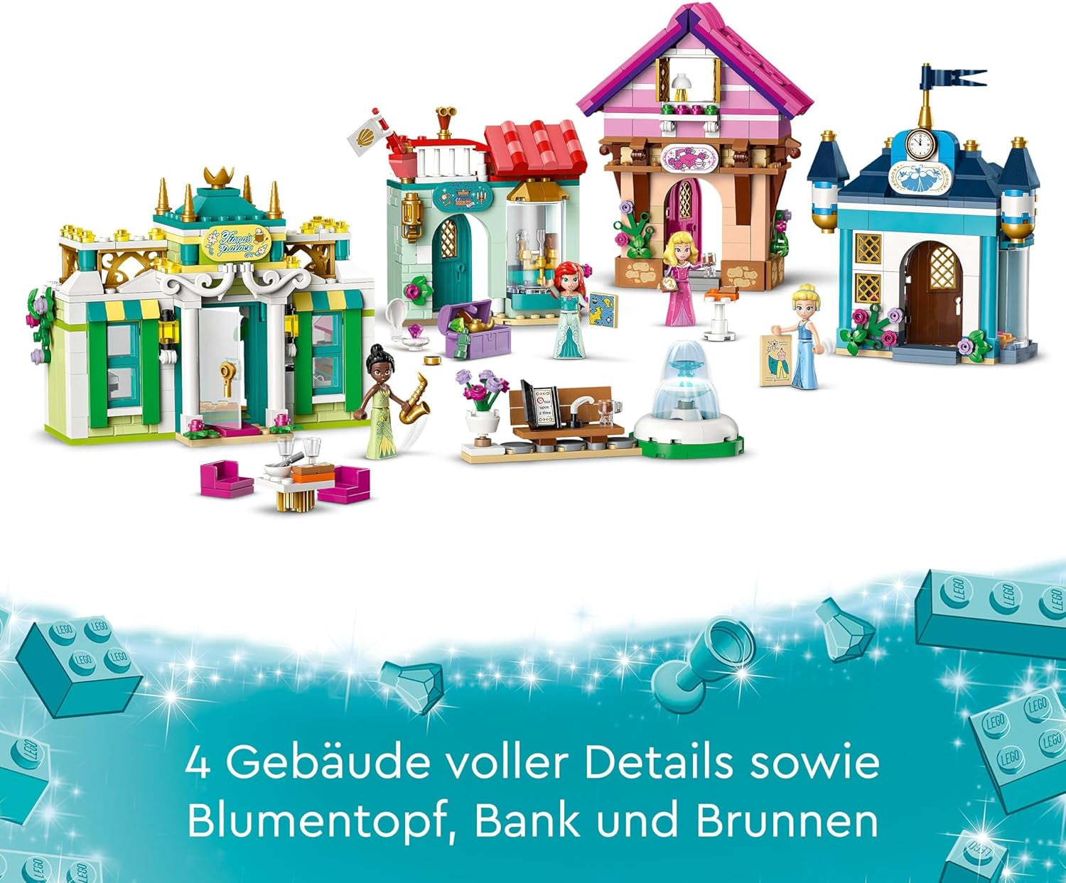 LEGO Disney Princess: Targ przygód Disney Princess, domek z zabawkami z 4 lalkami, w tym Kopciuszkiem i Arielką, zestaw z mapą skarbów, prezent dla dziewcząt i chłopców od 6 lat 43246 Zestawy do budowania Besuche w sklepie LEGO
