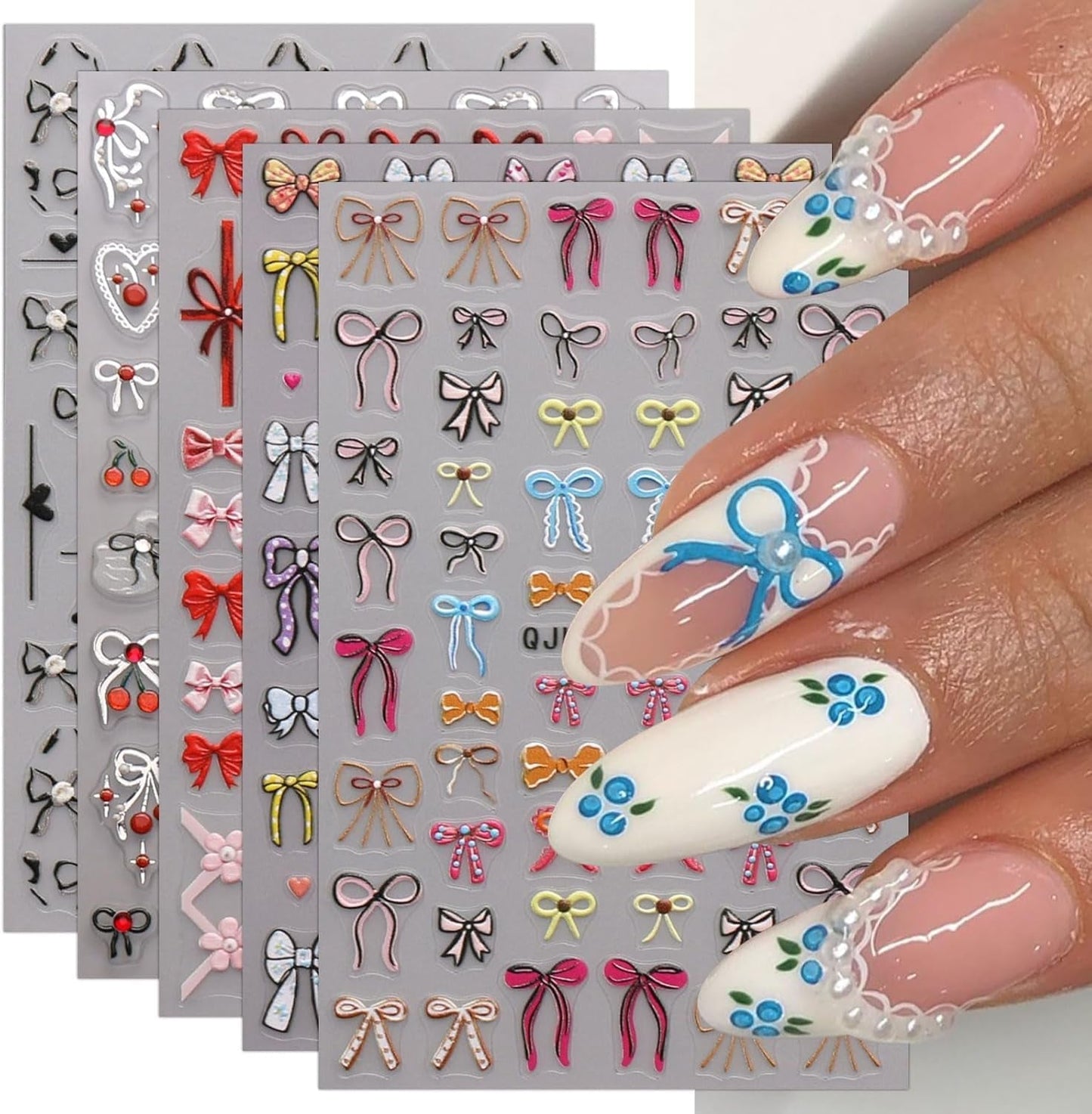 JMEOWIO Nagelsticker Bunte Herz Schleife 6 Blatt Nail Art Naklejka Selbstklebend Nagelaufkleber Dekoration Nageldesign Zubehör