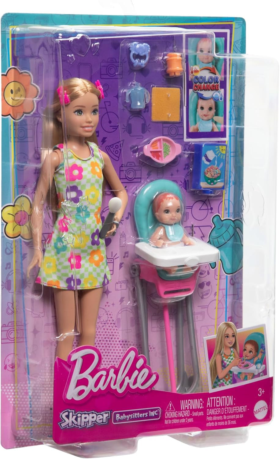 Barbie Skipper Lalka i akcesoria Zestaw do zabawy z jedzeniem Zestaw do opieki nad dziećmi Zabawka zmieniająca kolor HTK35
