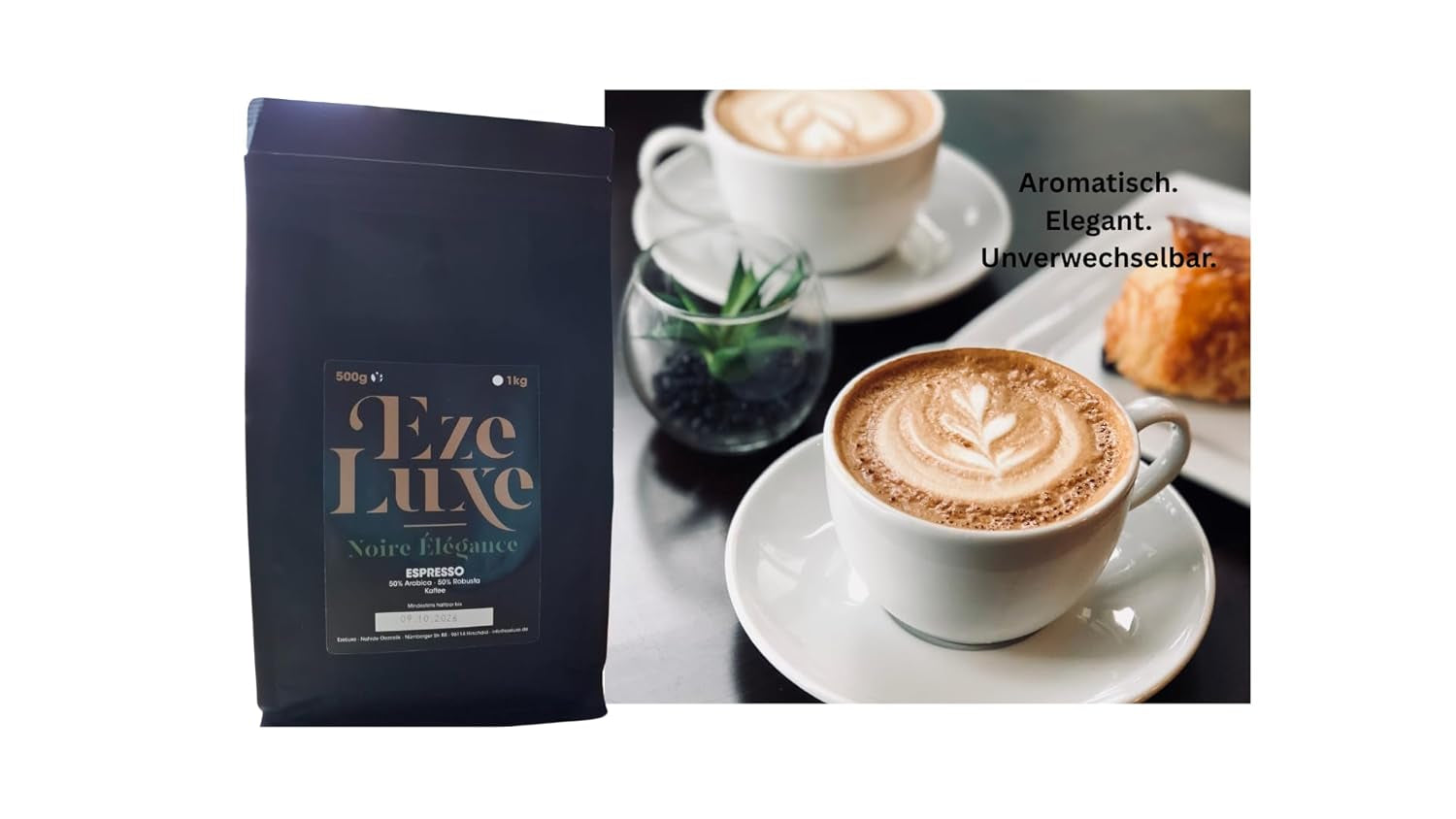 Kawa Espresso Noire Elegance 500g – 50% Arabica i 50% Robusta z Brazylii i Indii – średnio palona, ​​mocna i kremowa z ciemną czekoladą – intensywność 8 – w zestawie. gratis ekspres do kawy