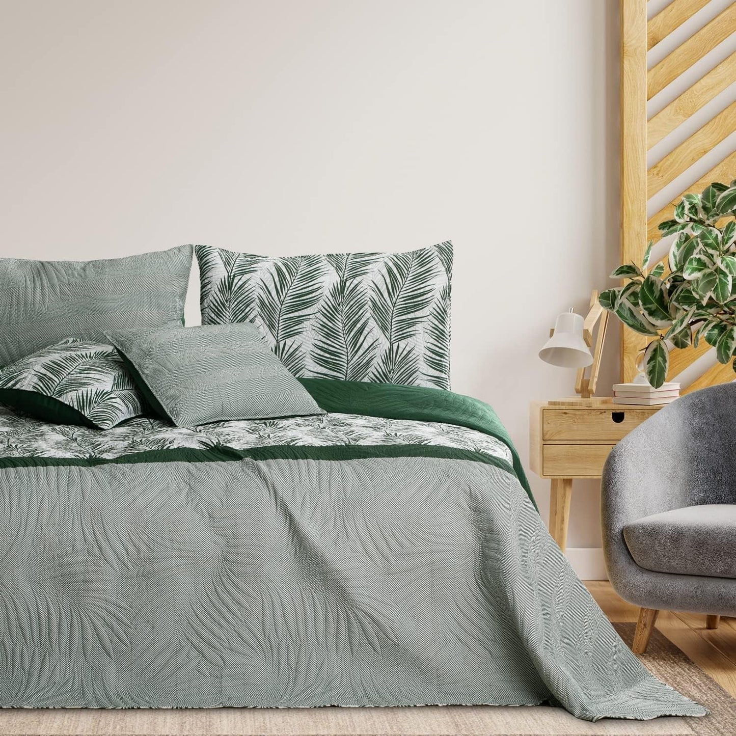 Ameliahome Narzuta Narzuta 170X210 cm Dwustronna, łatwa w pielęgnacji narzuta na łóżko Wzór roślinny Zielony Biały Tropikalny Bonaire Łóżka i koce Besuche den AmeliaHome-Store