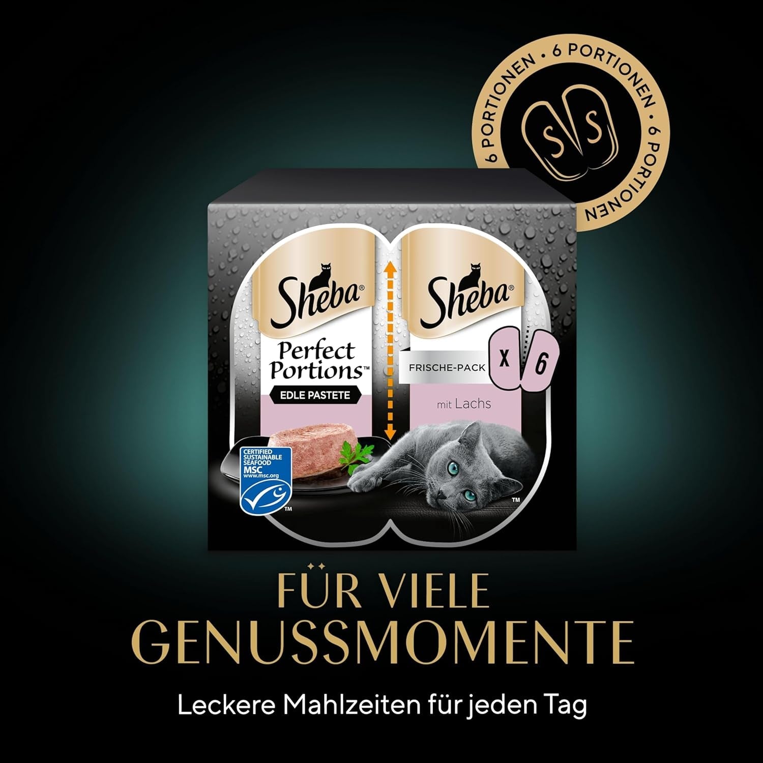 SHEBA Perfect PORTIONS pasztet dla kotów z łososiem, certyfikat MSC, 8 x 3 x (2 x 37,5g) = 225g (Opakowanie będzie aktualizowane)