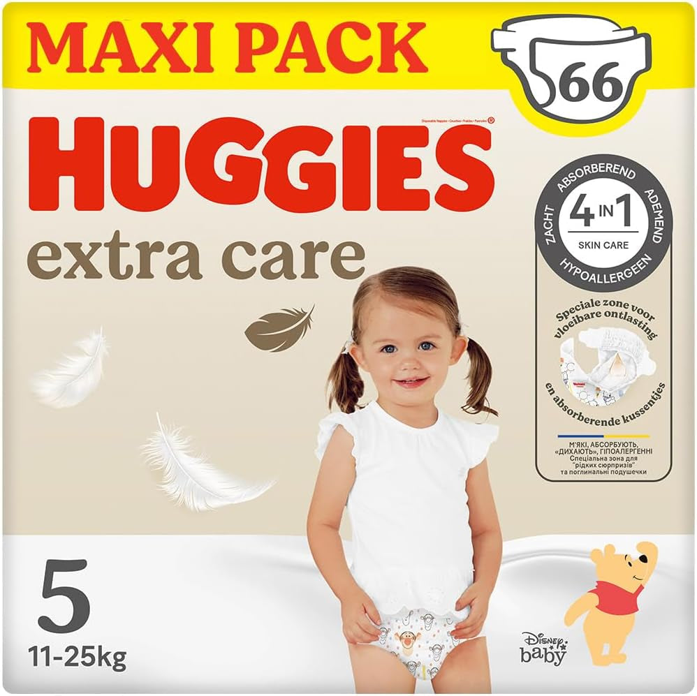 Pieluchy dziecięce Huggies Extra Care z Disneyem, rozmiar 5 (12-22 kg), 2 paczki x 33 pieluszki, łącznie 66 pieluszek