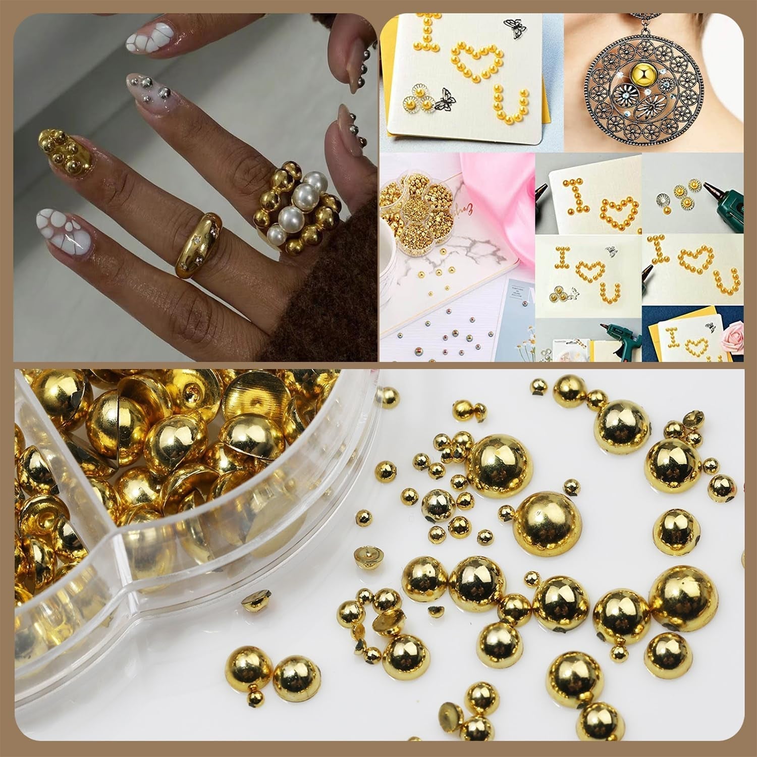GZMAYUEN 920 szt. Złoto srebro Flatback Perlen Für Nägel, Halbrunde Weiße Beige Nail Perlen, Kleine Halbrunde Flatback Perlen Für DIY Nail Art Decor