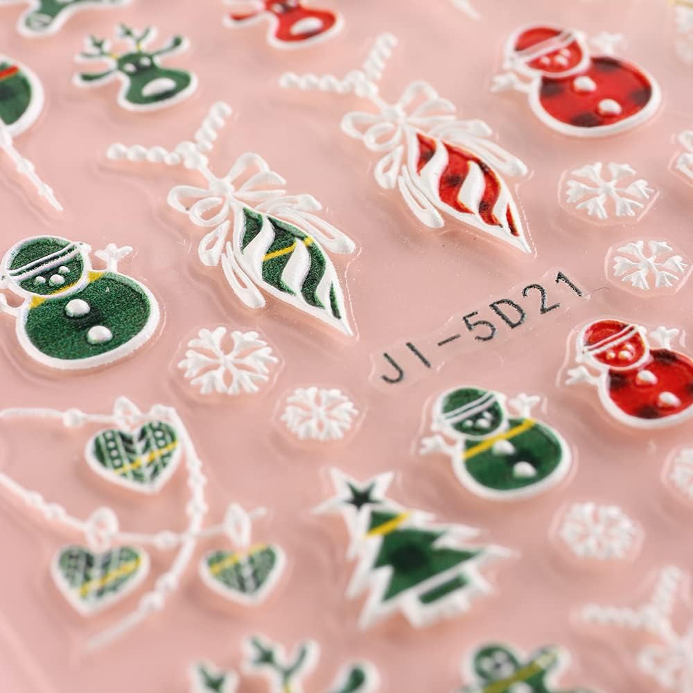 5 Blatt 3D Nagelsticker Weihnachten Nagelaufkleber 5D Stereoskopisch Selbstklebend Schneeflocke-Weihnachtswinterurlaub Nail Art Naklejka Dekoration Nageldesign Zubehör