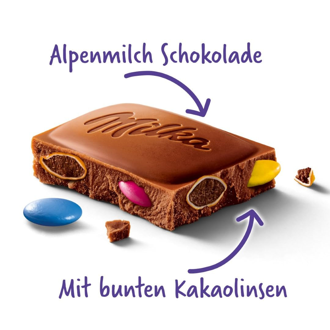 Czekolada Milka z soczewicą barwioną kakao - Alpejska czekolada mleczna z chrupiącą soczewicą w czekoladzie - 100g