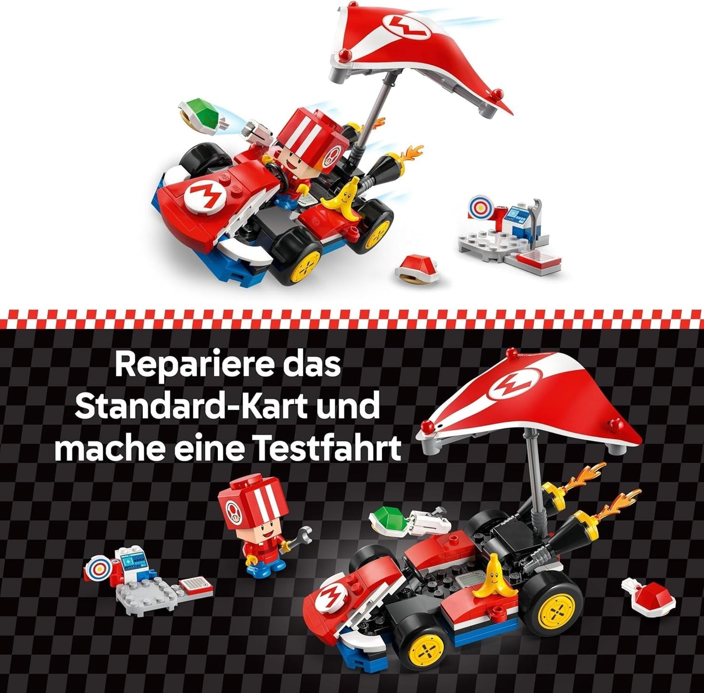 LEGO Super Mario: Mario Kart — standardowy gokart, kolekcja Nintendo, prezent dla dzieci, pozwala chłopcom, dziewczętom i graczom od 7 lat na niezależną zabawę, zabawka przygodowa z figurką ropuchy 72032 Zestawy do budowania Besuche den LEGO-Store