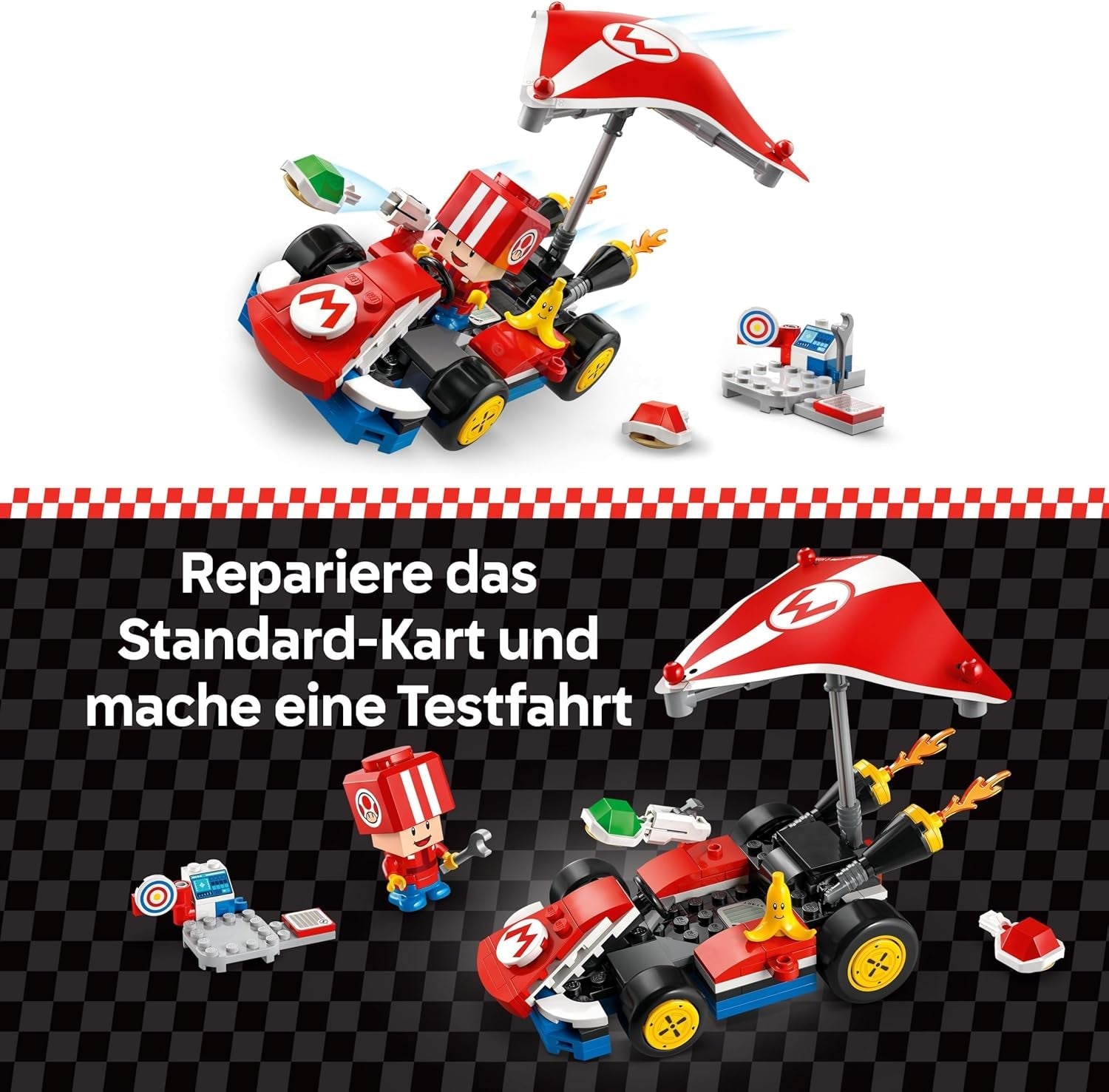 LEGO Super Mario: Mario Kart — standardowy gokart, kolekcja Nintendo, prezent dla dzieci, pozwala chłopcom, dziewczętom i graczom od 7 lat na niezależną zabawę, zabawka przygodowa z figurką ropuchy 72032 Zestawy do budowania Besuche den LEGO-Store