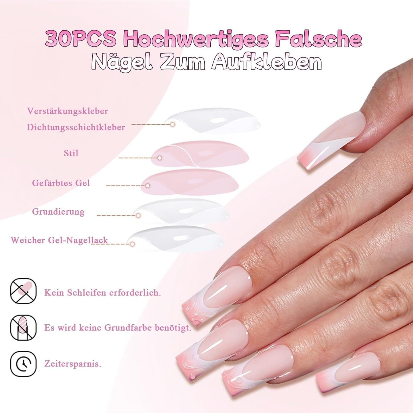 30 sztuk francuskie sztuczne paznokcie-klej na sztuczne paznokcie-miękkie paznokcie żelowe dla kobiet-akrylowe paznokcie samoprzylepne kwadratowy manicure (francuski różowy)