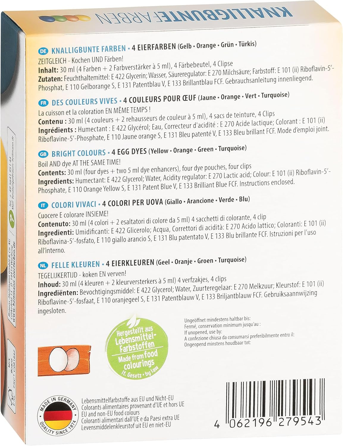 Heitmann Egg Dyes Bright Colors - 4 butelki z barwnikiem do jaj (żółty, pomarańczowy, zielony, niebieski), 2 wzmacniacze koloru, 4 torebki z barwnikami, 4 klipsy
