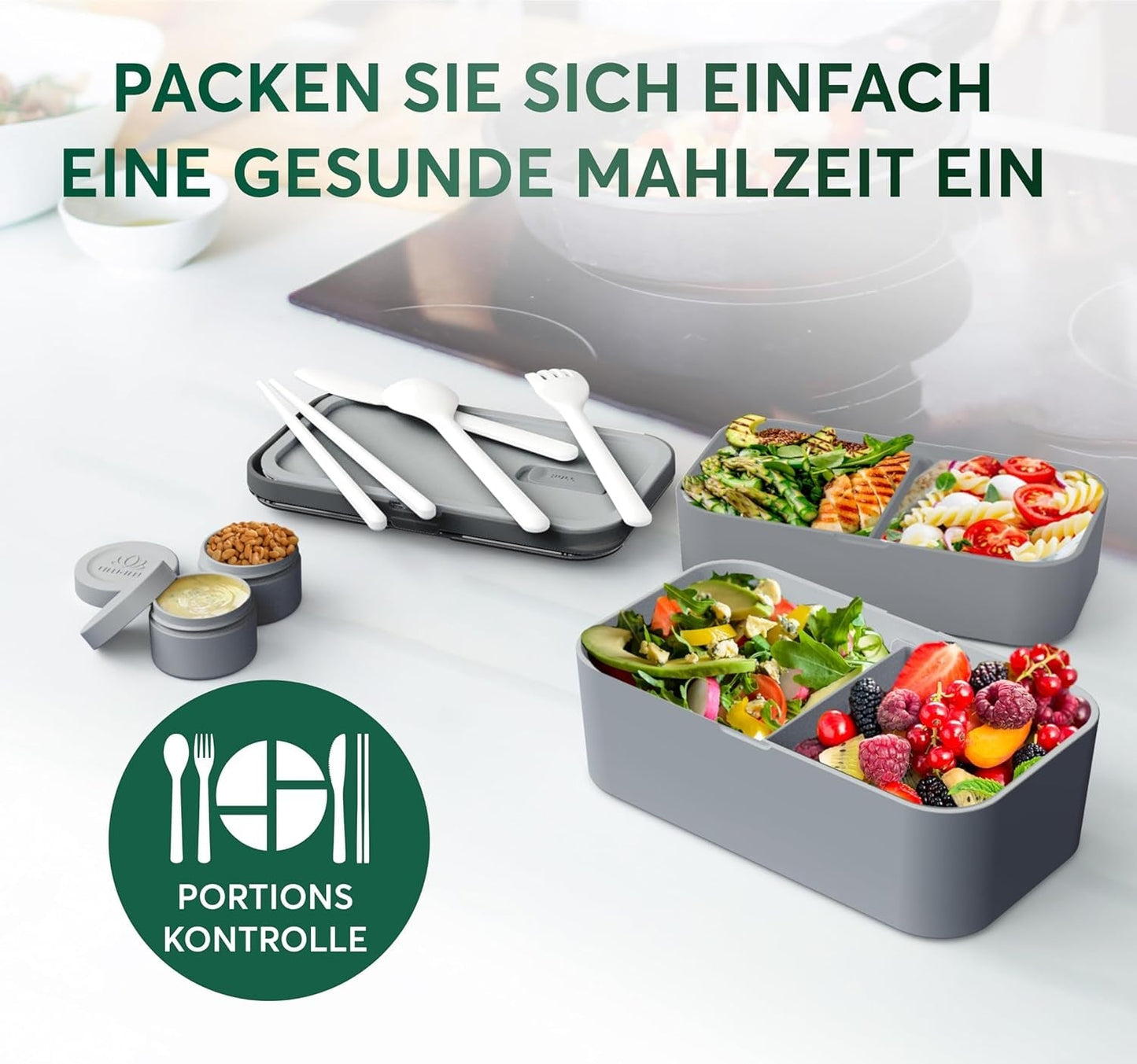 Pudełko śniadaniowe Umami dla dorosłych, Pudełko bento z możliwością sztaplowania z 4 sztućcami i przegródkami, Pudełko śniadaniowe dla dorosłych, Pojemnik na sałatkę na wynos, Pudełko na piknik / biuro na drugie śniadanie, Charcoal Grey, Pudełka do przechowywania żywności o pojemności 1500 ml Naty Shop