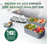 Pudełko śniadaniowe Umami dla dorosłych, Pudełko bento z możliwością sztaplowania z 4 sztućcami i przegródkami, Pudełko śniadaniowe dla dorosłych, Pojemnik na sałatkę na wynos, Pudełko na piknik / biuro na drugie śniadanie, Charcoal Grey, Pudełka do przechowywania żywności o pojemności 1500 ml Naty Shop