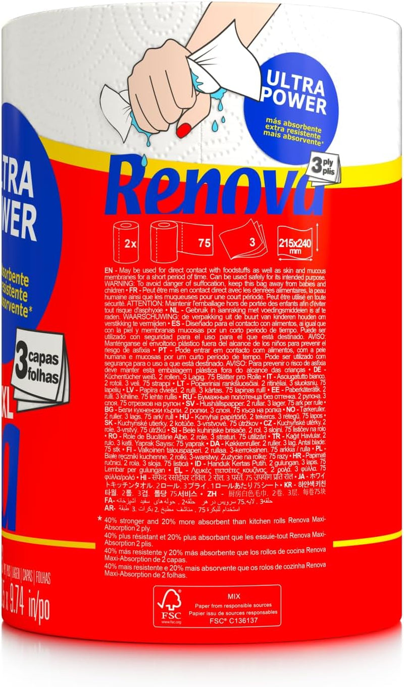 Roladki kuchenne Renova Renova Ultrapower | 24 rolki XXL = 60 rolek standardowych | 3 warstwy ultrachłonne i o maksymalnym oporze | Papier z certyfikatem Fsc
