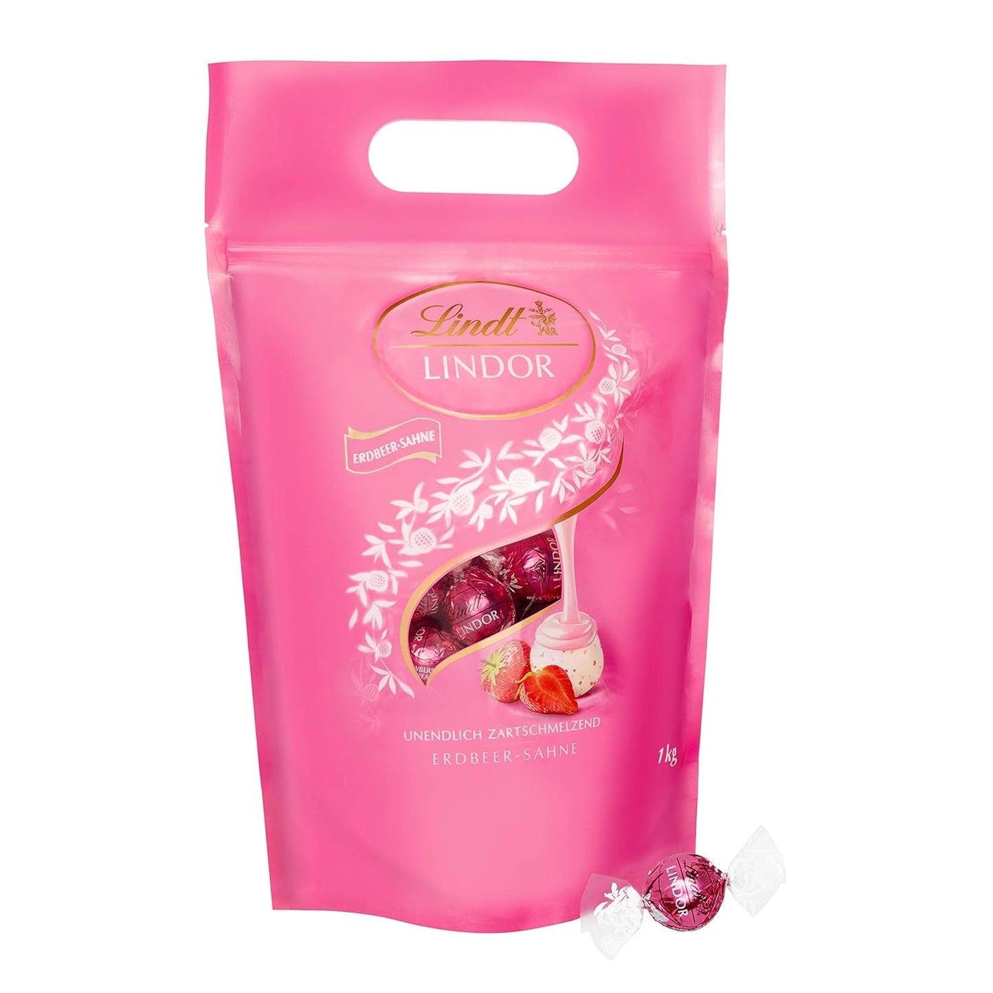 Mieszanka czekoladowa LINDOR | 1371 g | Około. 109 kulek: Kulki z mlecznej czekolady i LINDOR z kremem truskawkowym | Worek 1 kg, ok. 80 kulek czekoladowych z białej czekolady z kremem truskawkowym