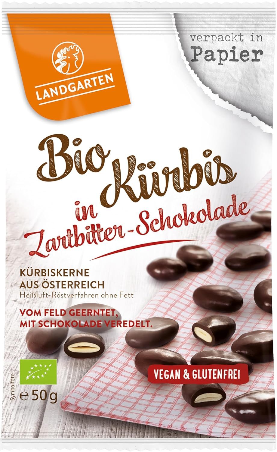 Landgarten Organiczne pestki dyni w ciemnej czekoladzie - Wegańska przekąska czekoladowa z pieczonymi pestkami dyni - źródło magnezu - 1 x 50g