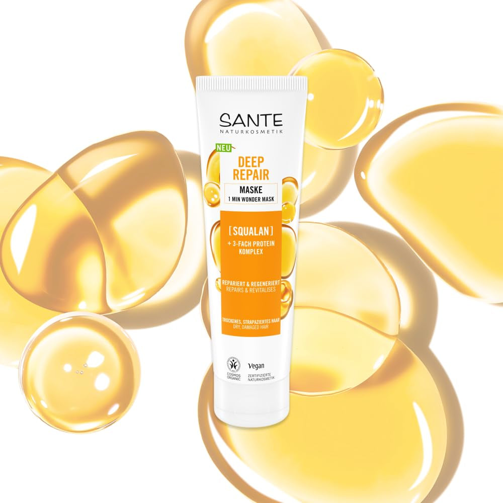 SANTE Natural Cosmetics Deep Repair Mask Skwalan + 3x kompleks białek, wegańska maska do włosów intensywnie nawilżająca i elastyczna, naprawia i regeneruje zniszczone włosy, 150 ml Naty Shop Hair Mask