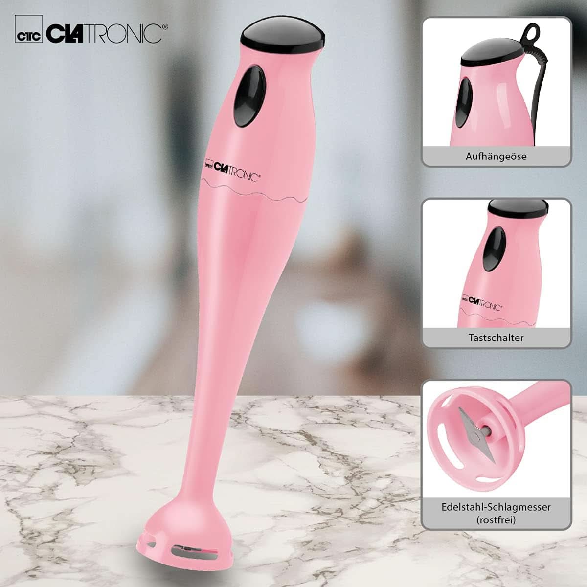 Clatronic Stabmixer/Pürierstab/Blender/Stab-Mixer/Stick/Mixstab SM 3577; Edelstahl-Schlagmesser; Für Smoothie, Kürbispüree, Babybrei, Milchshake; Mit Mixbehälter (500 ml); 180 watów; Sklep Naty z różową kuchnią