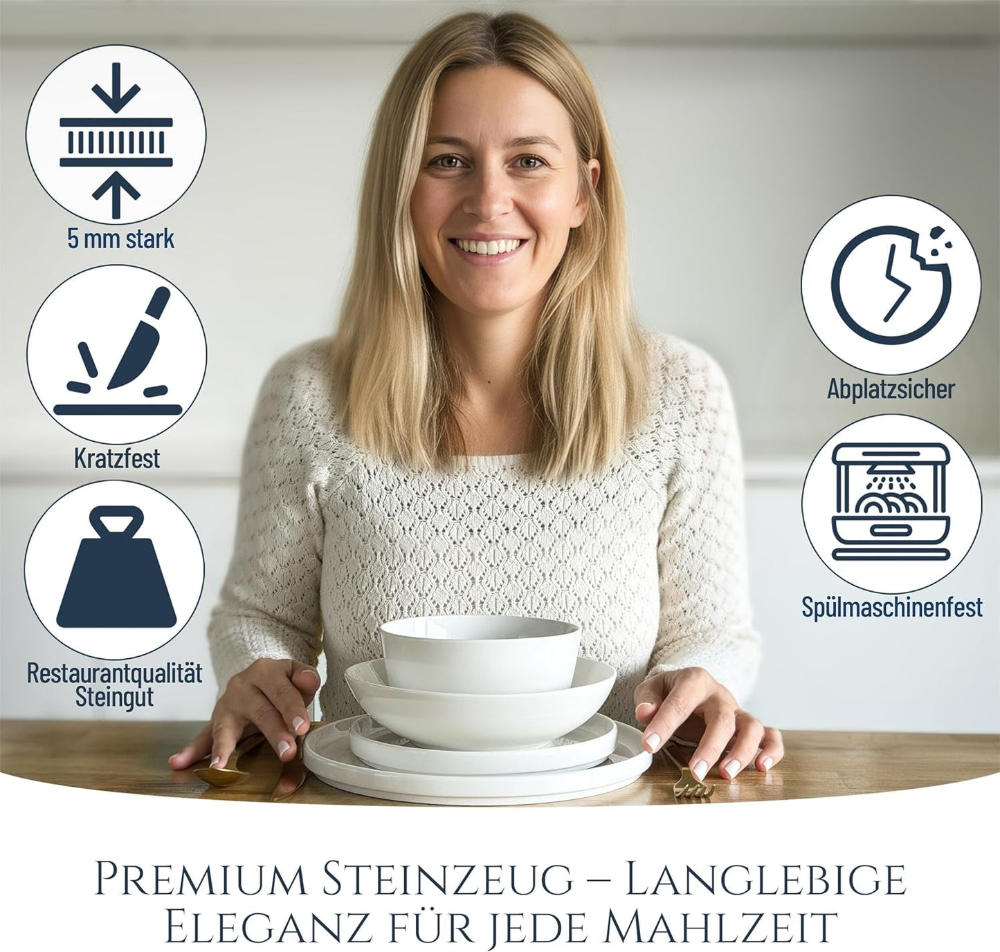 Kryształowy 48-częściowy zestaw naczyń obiadowych z porcelany ZWYCIĘZCA TESTU Zestaw naczyń z przezroczystej porcelany Miski i talerze Serwis obiadowy na 12 zestawów obiadowych Pure Living w kolorze białym